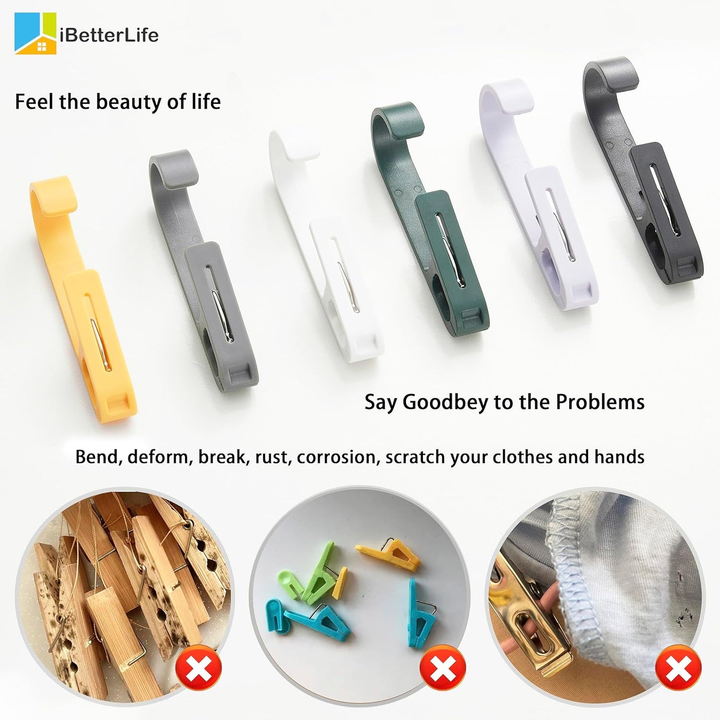 iBetterLife Clothes Pins Heavy Duty Outdoor - 8Pcs Large Laundry Hook Hangers with Clips Closet Organizer Clamps Hanging Socks Boot Bras Towels Shower Pegs for Bathroom Wardrobe Kitchen Office