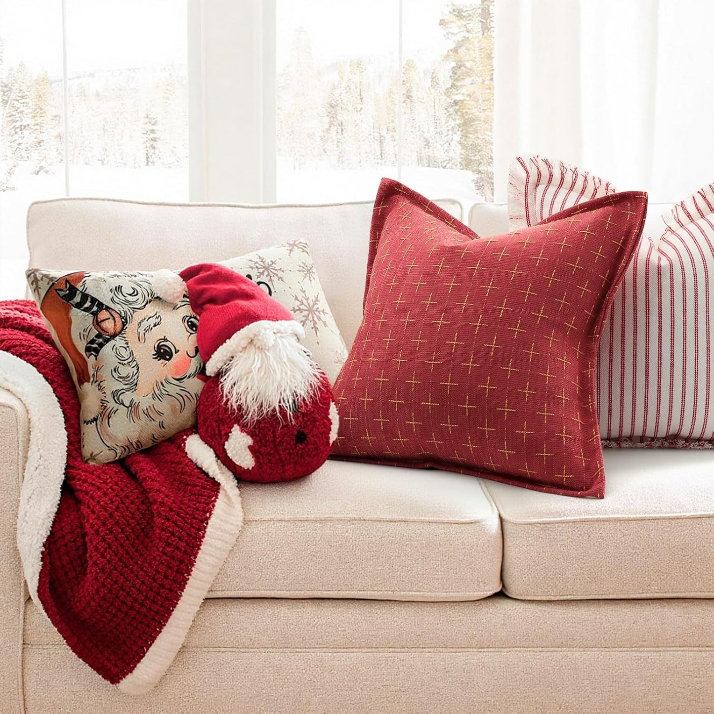 ZWJD Christmas Pillow Covers 16x16 Set of 2 Soft Polyester Textured Pillows with Stylish Flange Edge Cozy Farmhouse Christmas Decor for Couch Bed Sofa Living Room (Red)