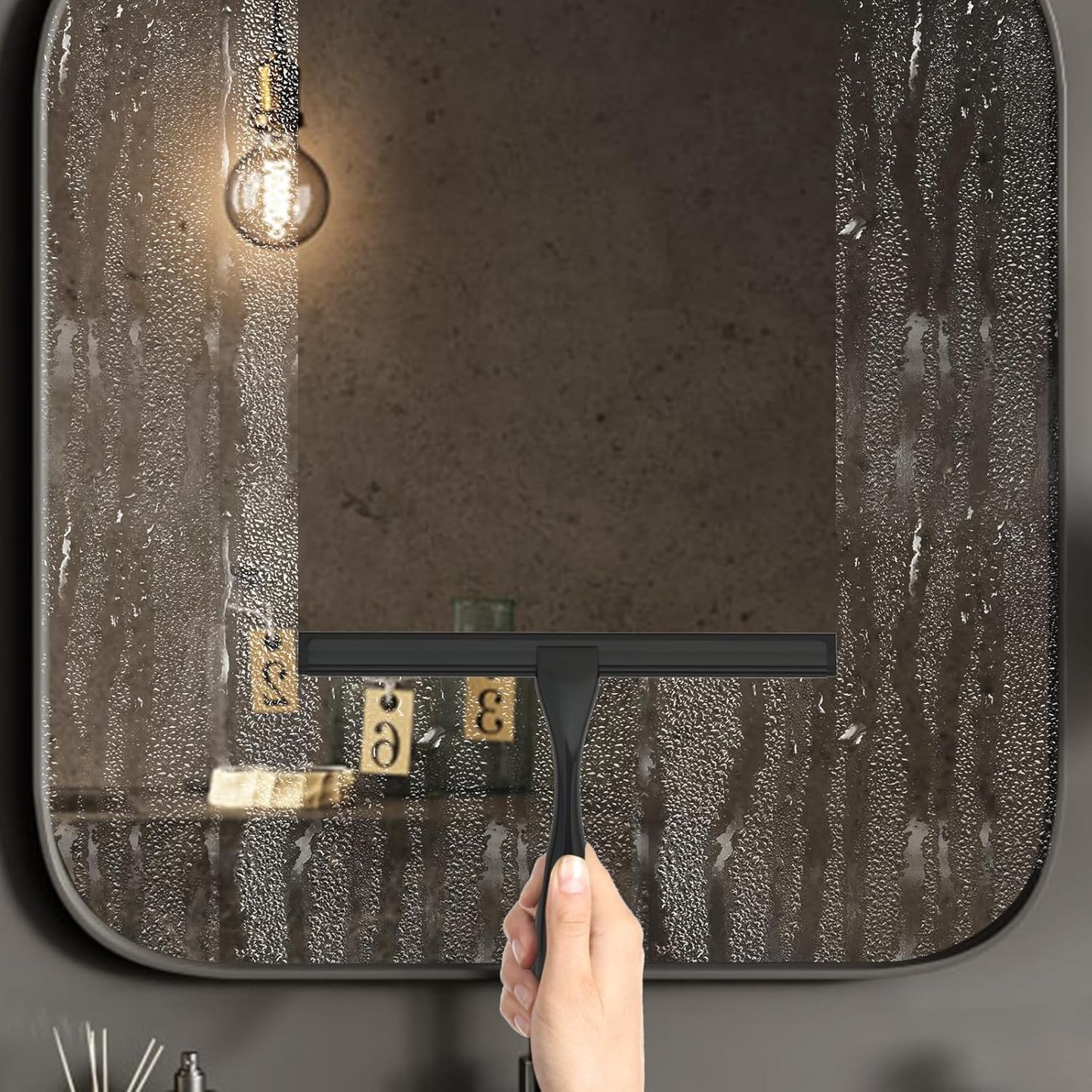 All-Purpose Stainless Steel Shower Squeegee for Glass Doors with Adhesive Hooks, Squeegee for Shower Glass, Bathroom Household Cleaner Tool for Window Mirror Tile Wall Car, 10 Inch Black