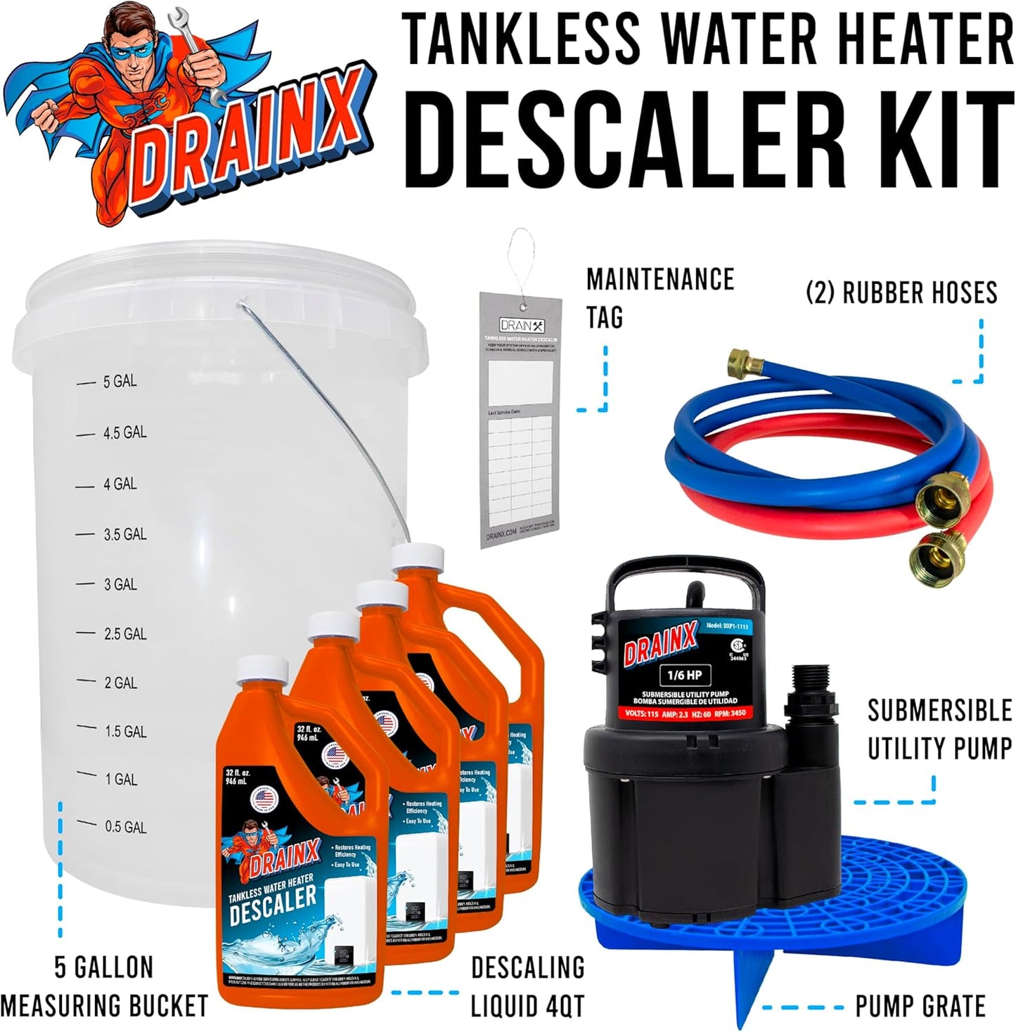 DrainX Tankless Water Heater Flush Kit Includes 4 Quarts of Eco Friendly and Powerful Liquid Descaling Solution for 4 Uses, 5 Gallon Bucket and 1/6HP Extra Strength Pump