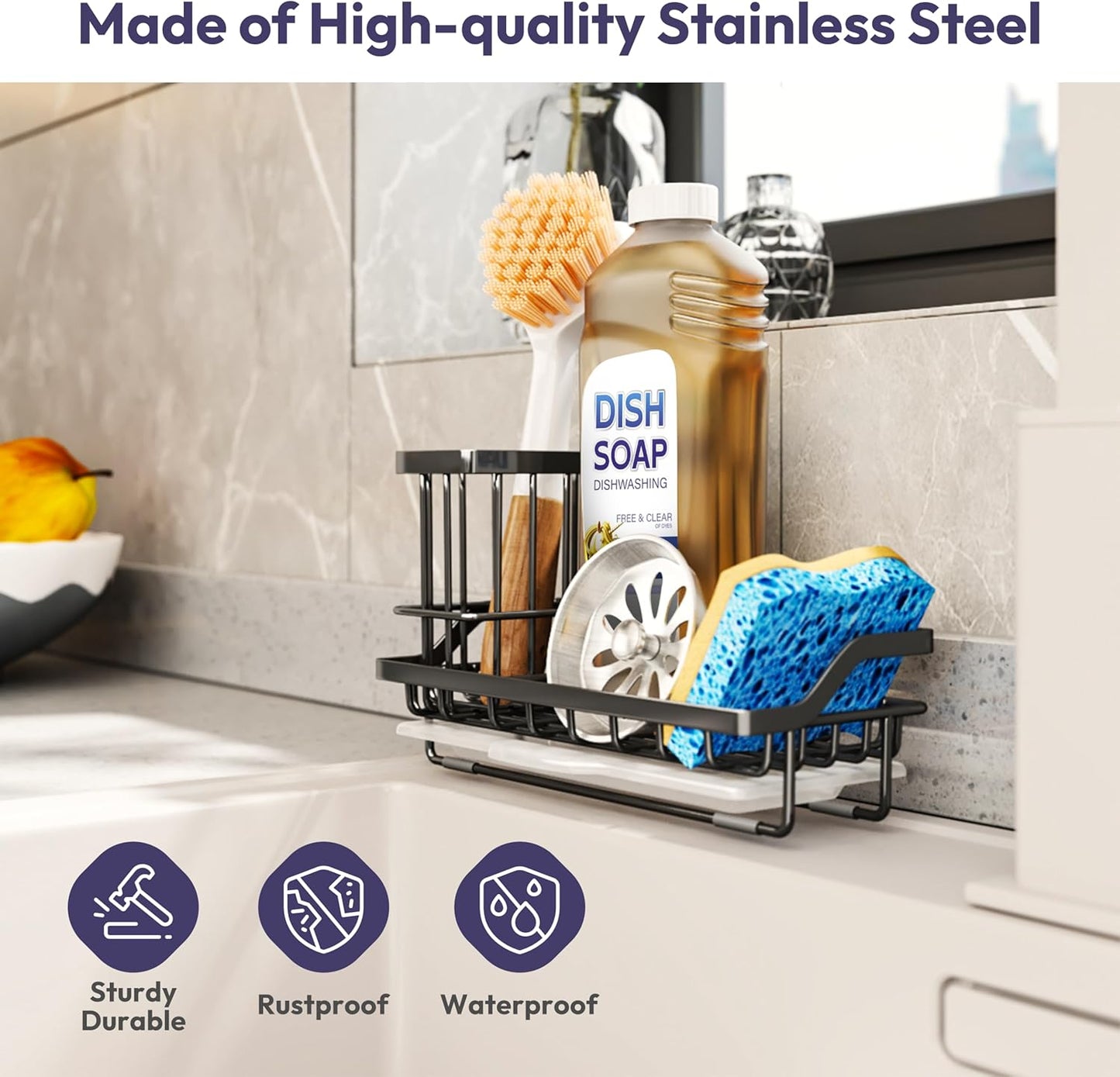 SWTYMIKI Sink Caddy Sponge Holder - Kitchen Sink Organizer with High Brush Holder for Countertop to Hold Dish Soaps and Sponges, Stainless Steel, Black