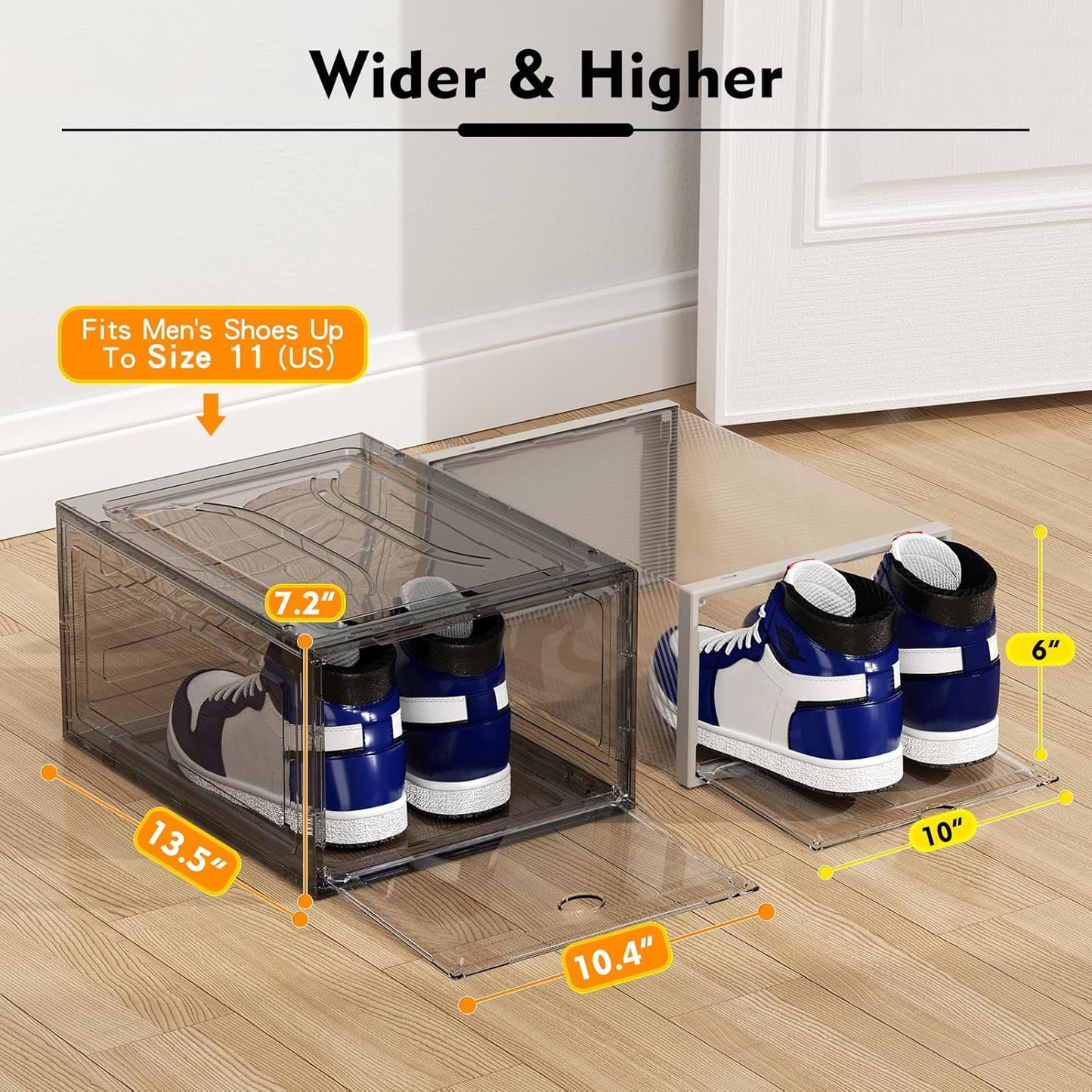 Upgrade Harder Solid Plastic Shoe Organizer, Shoe Storage with Magnetic Front Door, Shoe Rack 6 Pack Shoe Boxes Clear, Sneaker Storage, Shoe Organizer for Closet, Shoe Display Case, Black