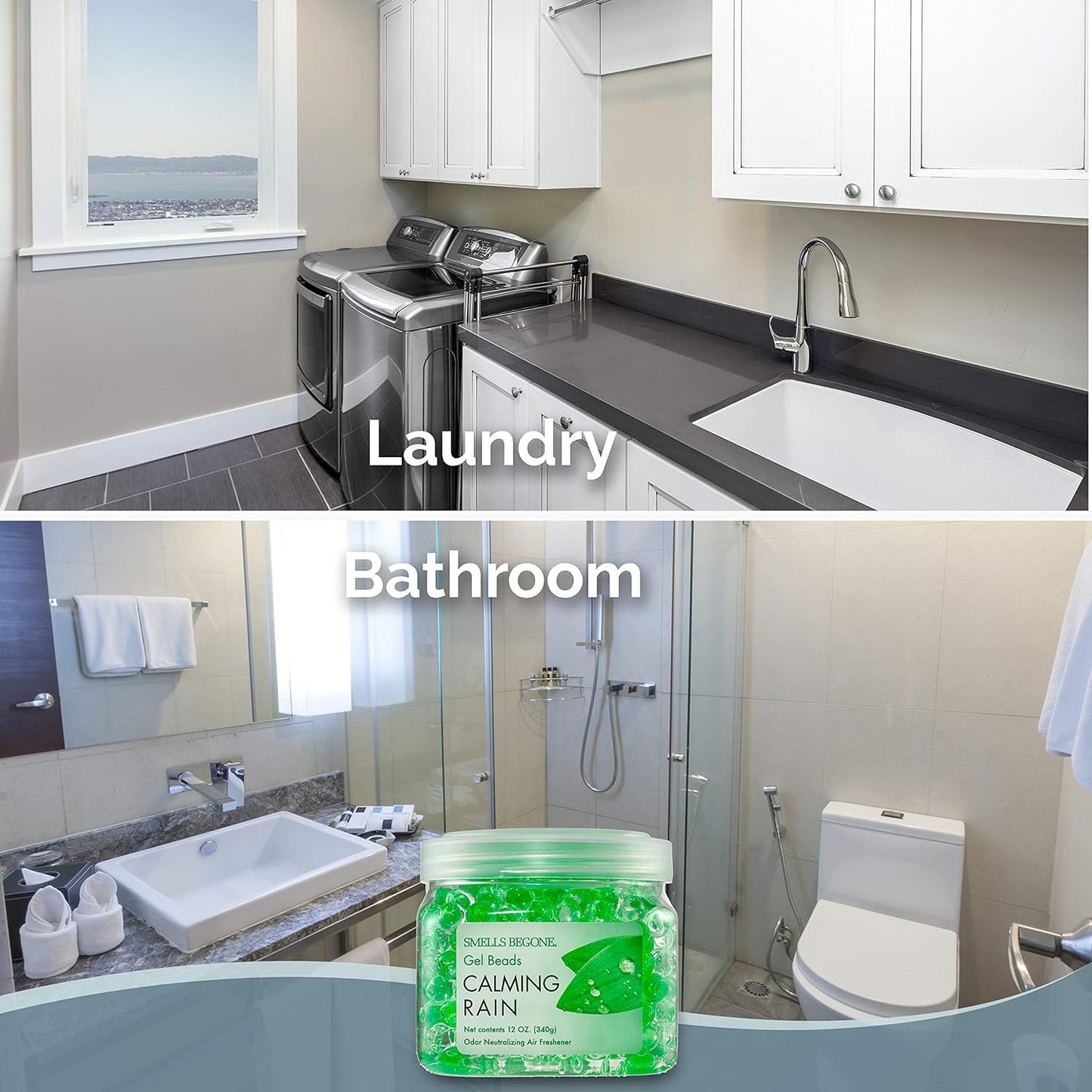 SMELLS BEGONE Odor Eliminator Gel Beads - 12 oz, Pack of 6 - Eliminates Odor in Bathrooms, Cars, Boats, RVs & Pet Areas - Air Freshener - Made with Essential Oils - Calming Rain Scent