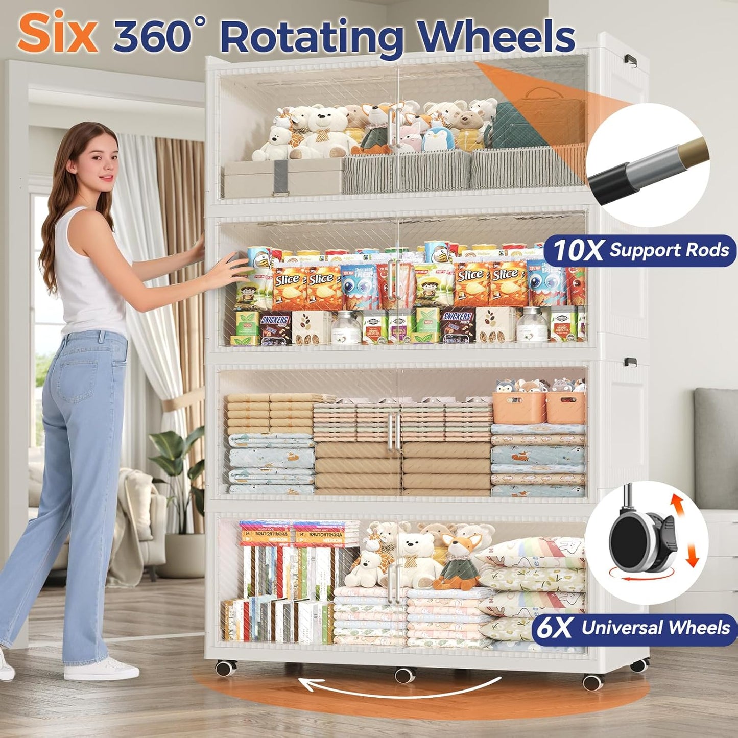 320GAL Extra Large Storage Bins with Lid, 1280QT Collapsible Organizer with Wheels, Stackable Closet Cabinet with Doors, Folding Storage Containers for Home, Office, Dorm, 4Pack White