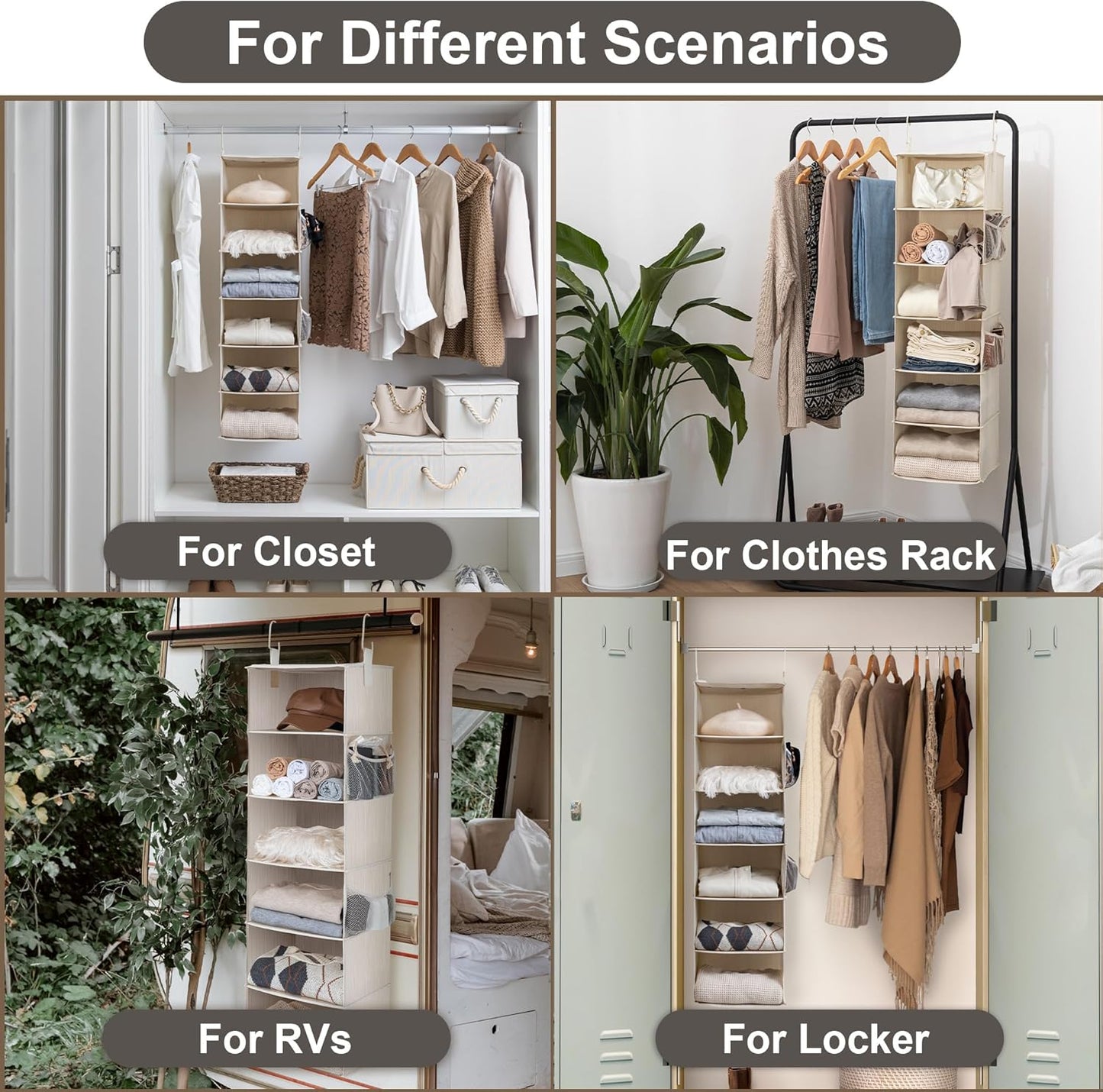 StorageWorks 6-Shelf Hanging Closet Organizer, Hanging Shelves for Closet, Fabric, Mixing of Beige, White & Ivory, 12" D x 12" W x 47 1⁄2" H