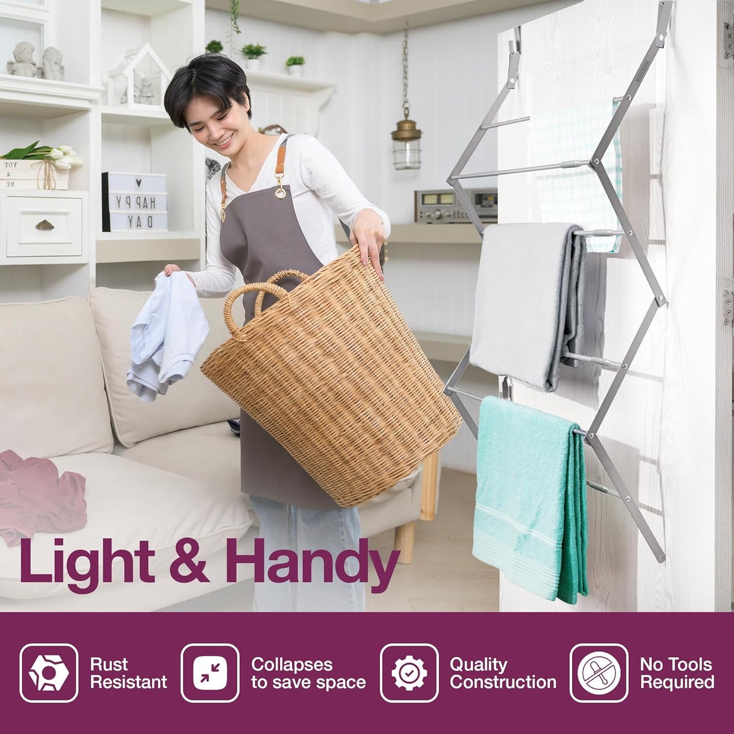 BLACK+DECKER Over The Door Expandable Telescopic Drying Rack, Clothes Organizer, Towel Hanger, Laundry, Collapsible, Gray