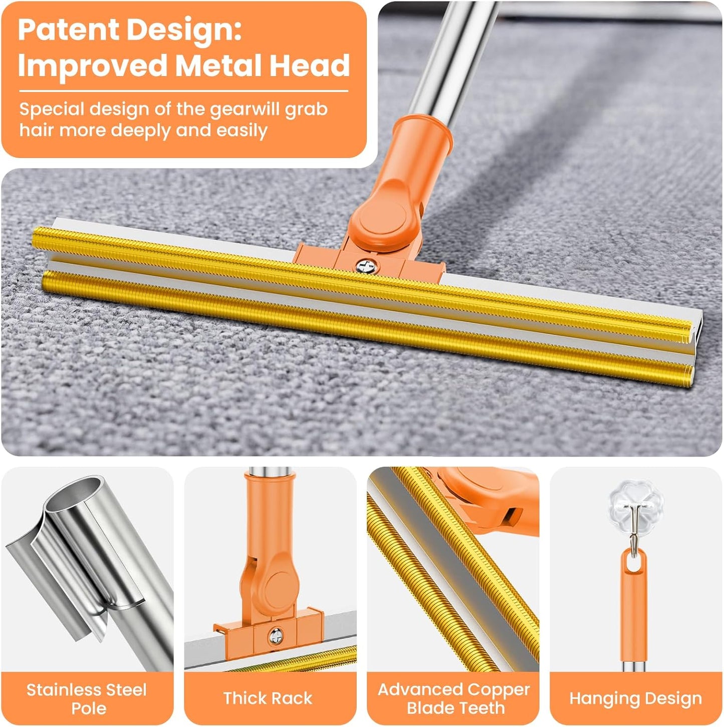 3 in 1 Carpet Rake for Pet Hair Removal, Tool Set of 3, 55” Long Handle Carpet Pet Hair Removal Carpet Scraper Dog Cat Hair Remover for Sofa, Couch, Car, Rug (Orange)