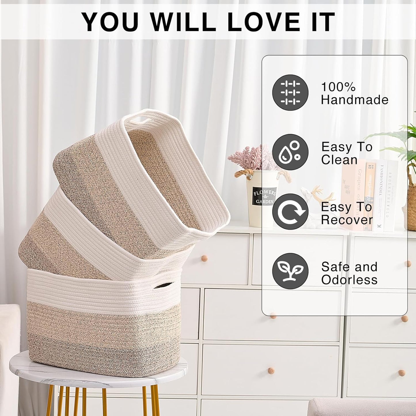 Storage Baskets for Organizing Shelves, Woven Cotton Rope Bins for Baby Nursery Organization, Book Toy Towel Organizer, 15"x11"x9.5", 3 Packs, Gradient Brown