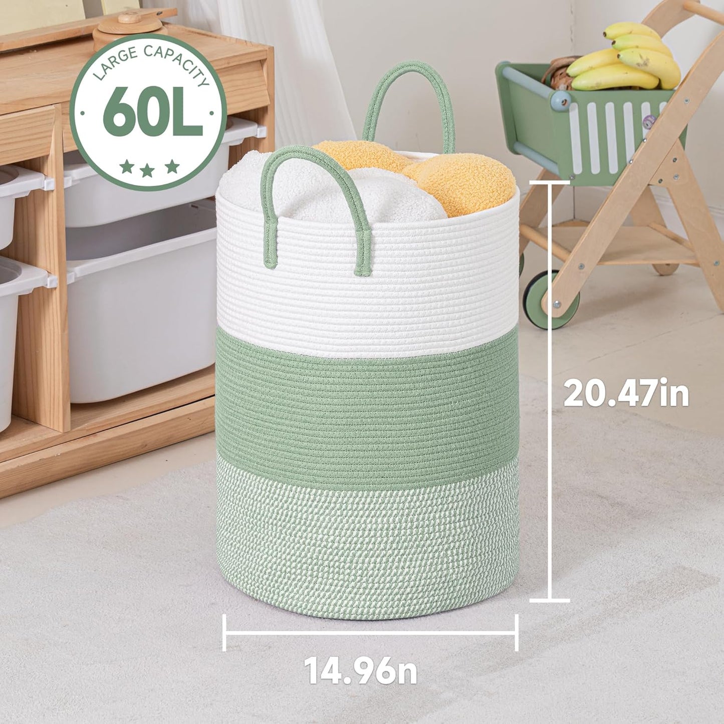 CLHMILY&Z 60L Laundry Basket Round Storage Rope Basket - 15x20.5 Inches - Green Hamper in Bedreoom and Cute Storage Bin for Blankets, Toys, and Nursery Essentials