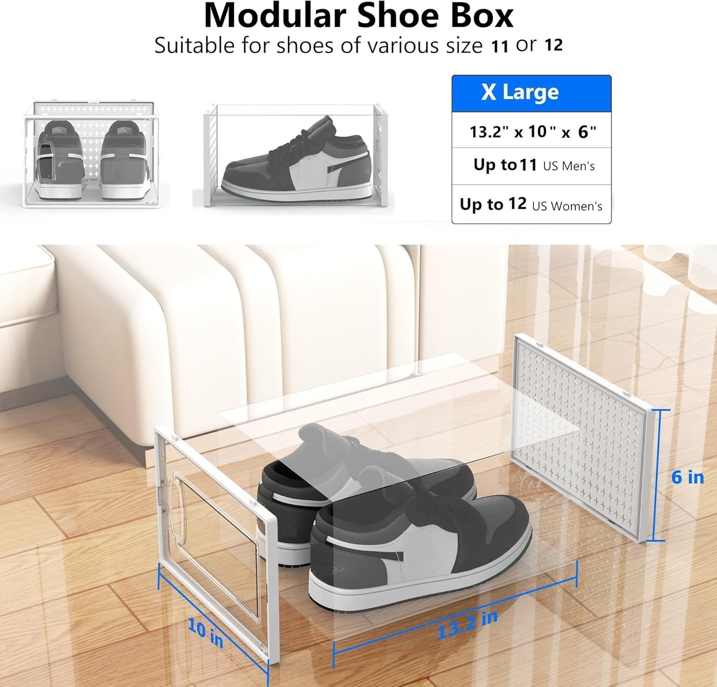 12 Pack X-Large Modular Clear Plastic Stackable Shoe Storage Organizer for Closet, Portable Space Saving Versatile Sneaker Shoe Rack Containers Bins Holders, White0303