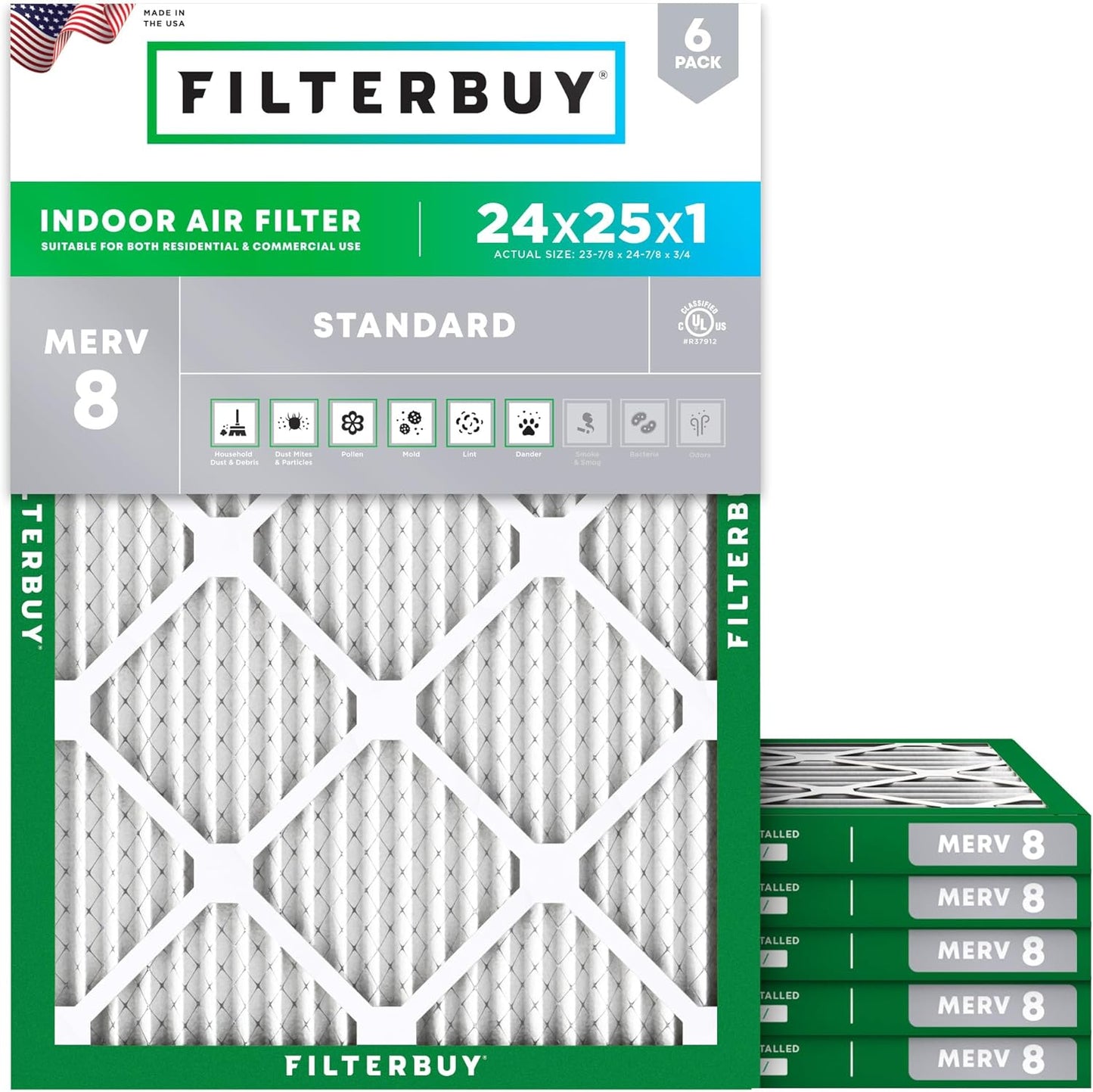 Filterbuy 24x25x1 Air Filter MERV 8 (MPR 700) Dust Defense Replacement (6-Pack), Electrostatic Pleated HVAC AC Furnace Filters, Made in USA (Actual Size: 23.88 x 24.88 x 0.75)