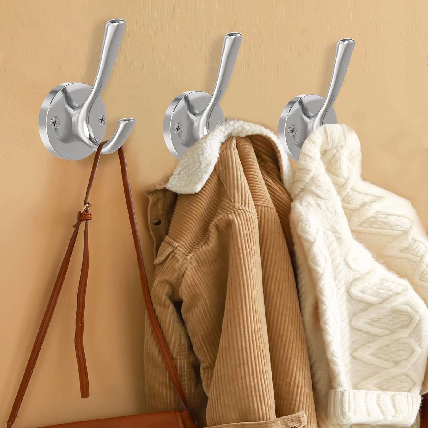 Brushed Nickel Robe Hooks Towel Hooks, 3 Pack Coat Hook Heavy Duty Mudroom Hook Double Bathrobe Hook Wall Mounted, Hat Hooks for Entryway Bathroom Kitchen Closet