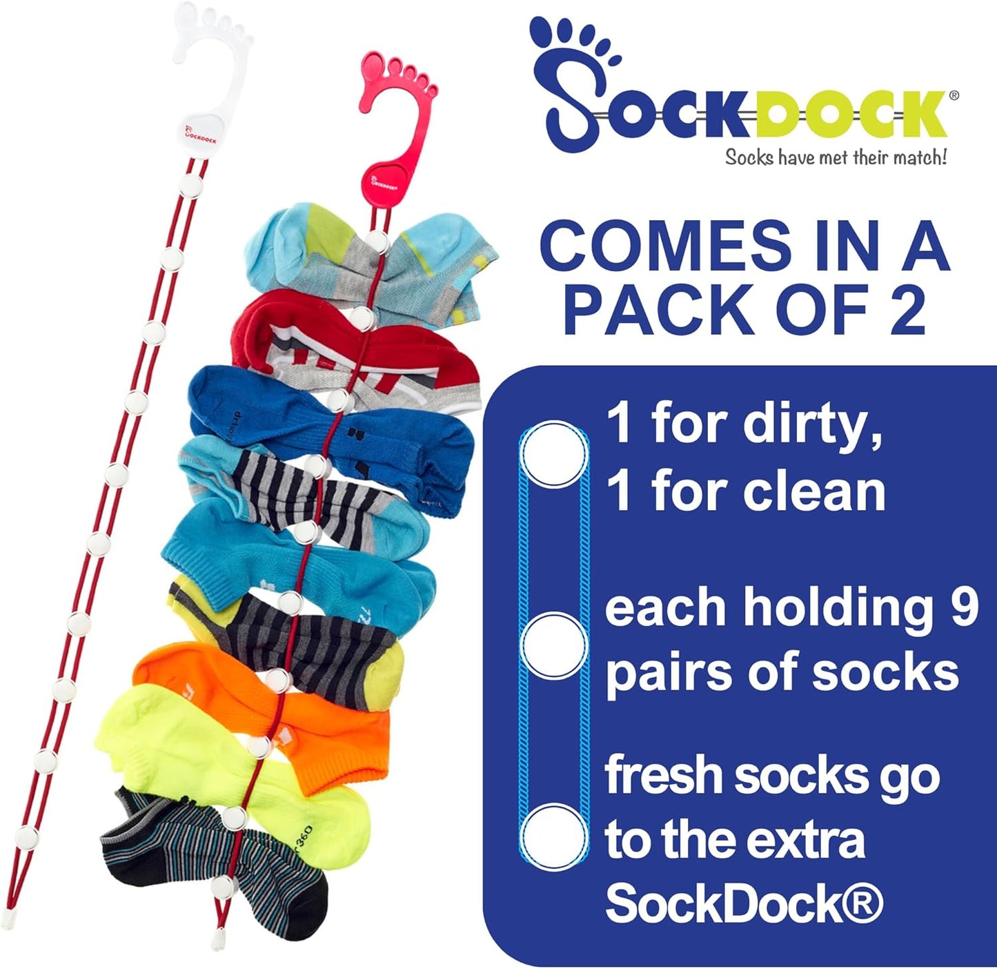 Sock Laundry Solution for Washing Drying & Storing Socks in Pairs, Clip & Hold Socks in Washer Dryer & Closet 2-Pack