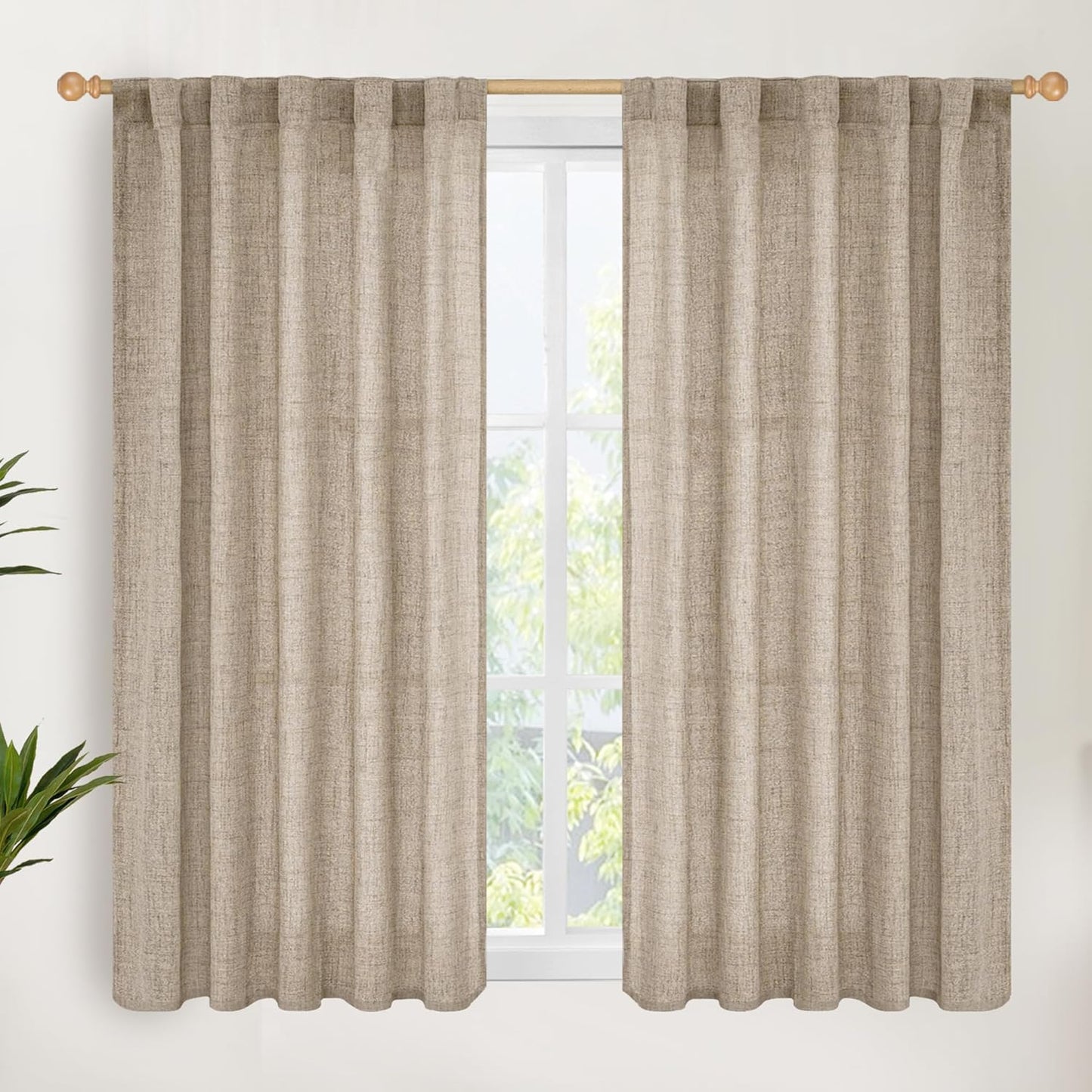 YoungsTex Dark Oatmeal Linen Curtains 48 Inch Length for Short Kitchen Window, Textured Semi Sheer Drapes Light Filtering with Rod Pocket Back Tab for Bathroom Living Room, 2 Panels, 42 X 48 Inch