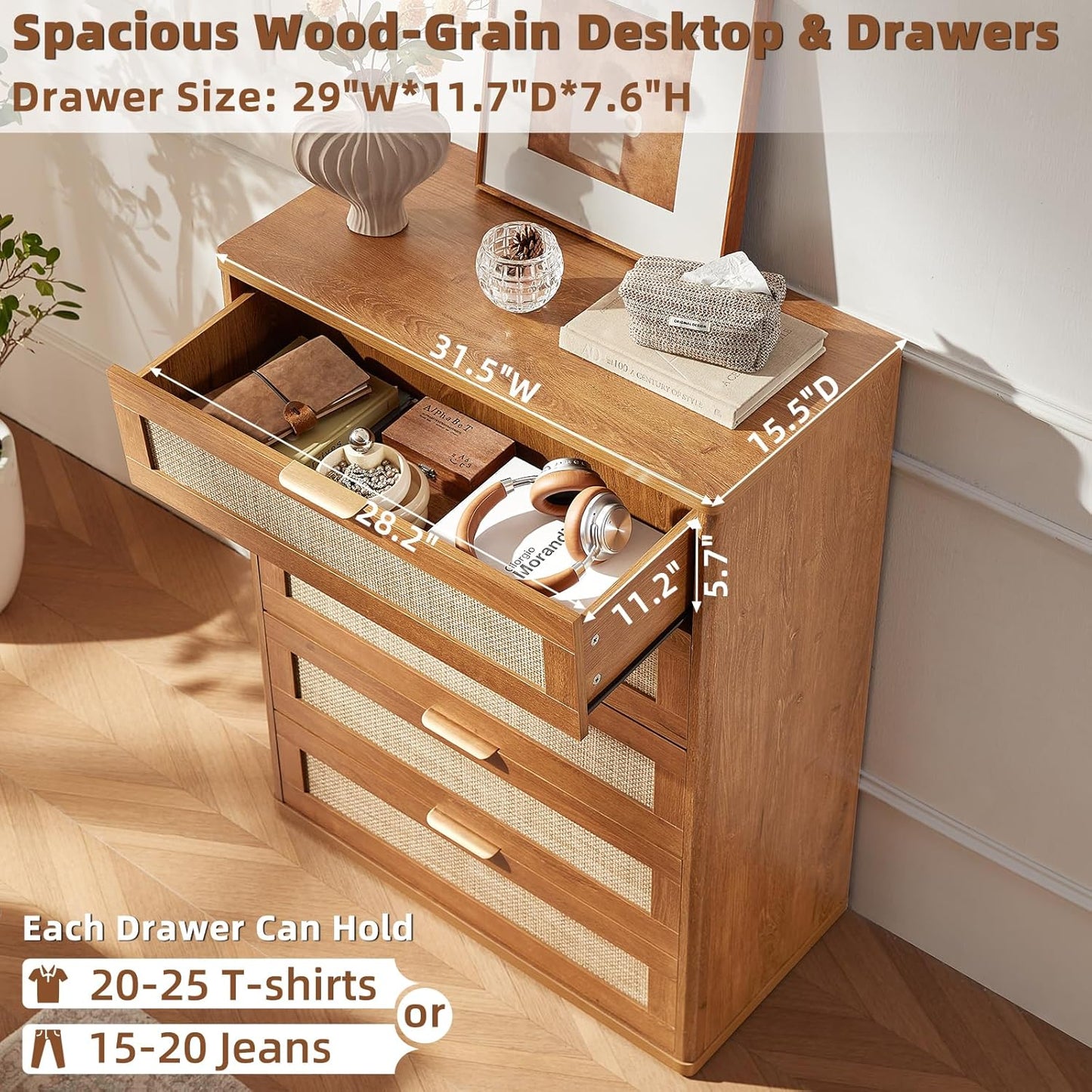 LEYAOYAO Rattan Dresser for Bedroom Set 2, 41" Tall Chest of Drawers, Modern 5 Drawers Boho Dressers with Storage, Light Oak Dresser Wooden Closet Organizer for Living Room, Hallway, Tea Brown