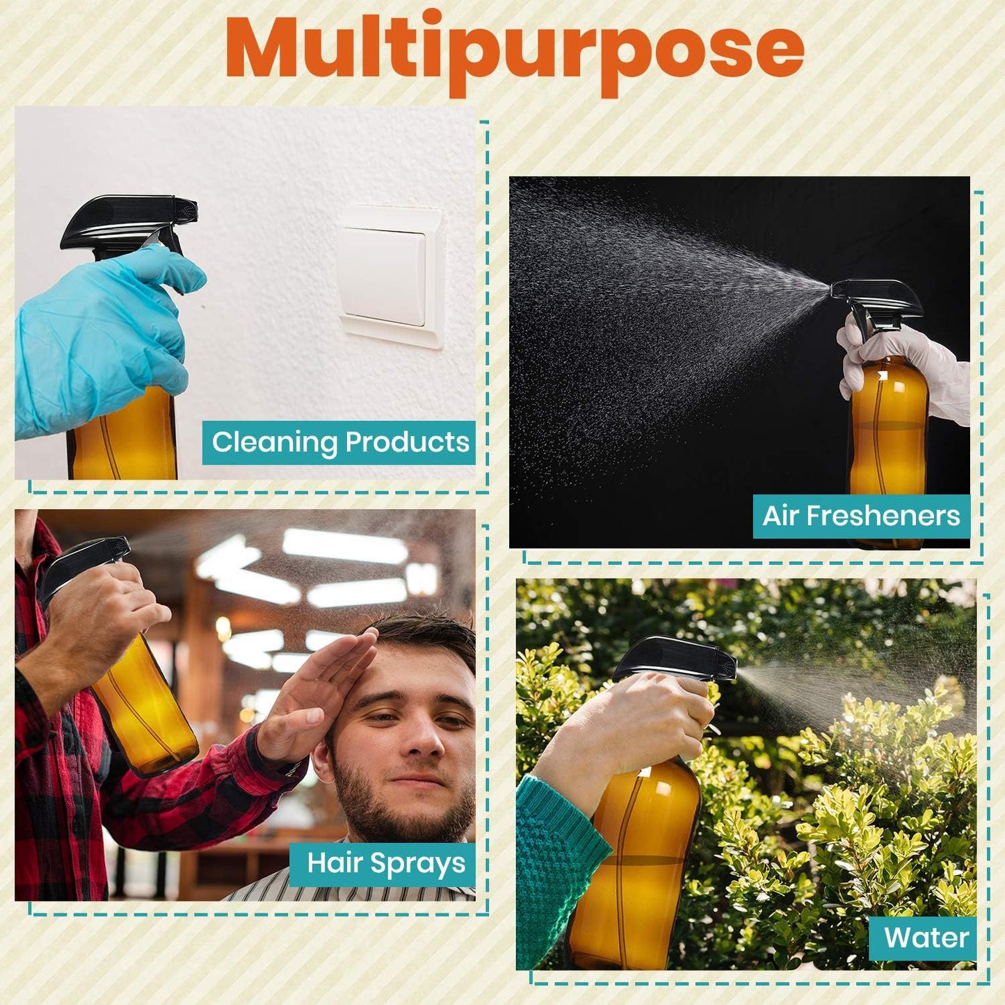 Amber Glass Spray Bottles For Cleaning Solutions (4 Pack) - 16 Ounce, Refillable Sprayer for Essential Oil, Water, Kitchen, Hair. Durable Black Trigger Sprayer w/Mist and Stream Settings