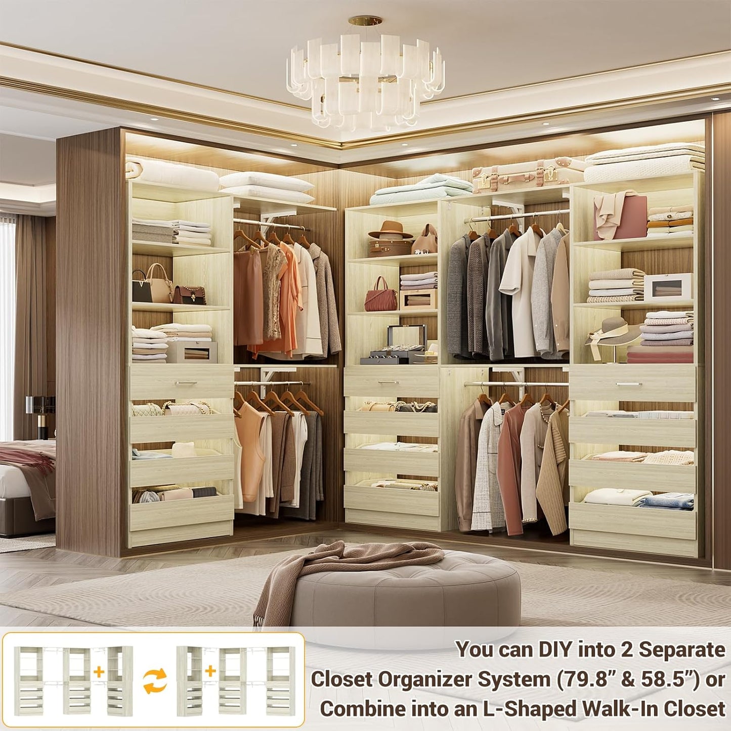 Aheaplus Closet System Set of 3, 138.5" Wood Closet Organizer System Tower with 12 Drawers & 4 Hanging Rods, 6.7+4.85Ft L Shaped Walk-in Closets Wardrobe Organizer Garment Rack with Shelves, White Oak