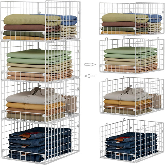 Stackable Closet Organizers and Storage - 4-Tier Stackable Storage Bins, Foldable Closet Shelf Organizer Basket, Clothes Organizers and Storage Shelves for Home Bedroom Closet Organizer System