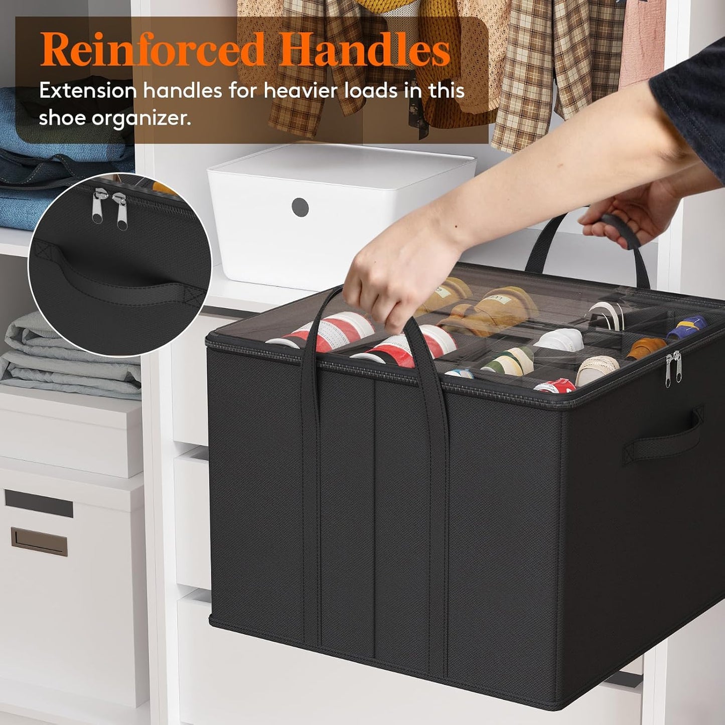 Lifewit Shoe Storage Organizer for Closet Fits 12-16 Pairs, Fabric Large Shoe Box Storage Container with Clear Cover, Foldable Bins Fit for Boots Heels Sneakers 17"(L) x 17"(W) x 12.5"(H) 1 Pack Black