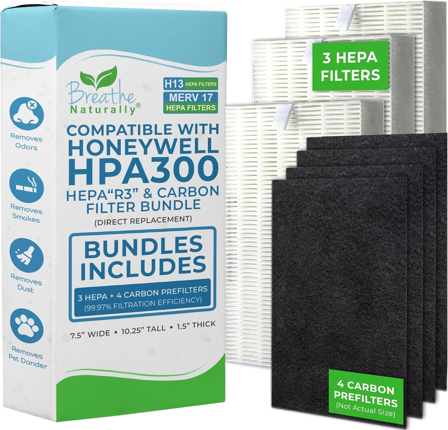 Breathe Naturally "R" Replacement Filters Compatible with Honeywell Air Purifier HPA300 or or HRF-R3 Series - Activated Carbon Prefilter - 14"x17.2"x0.2" (3 HEPA Filters + 4 Carbon Prefilters)