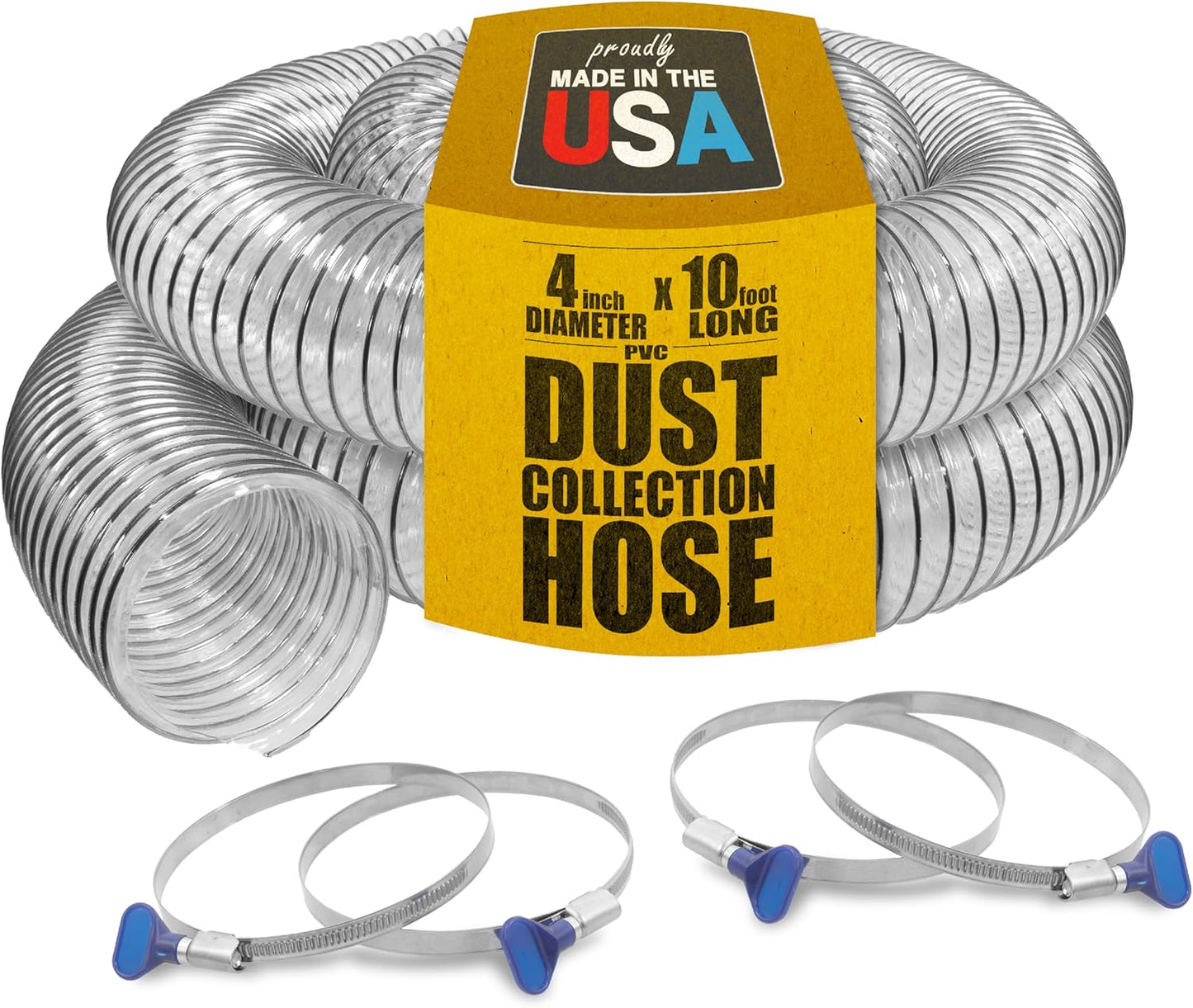 PVC Dust Collection Hose w/4 Thumbscrew Clamps, Puncture Resistant, Carbon Steel Wire, Clear Flexible PVC Dust Collector Hose, Proudly Made in USA (4" x 10')