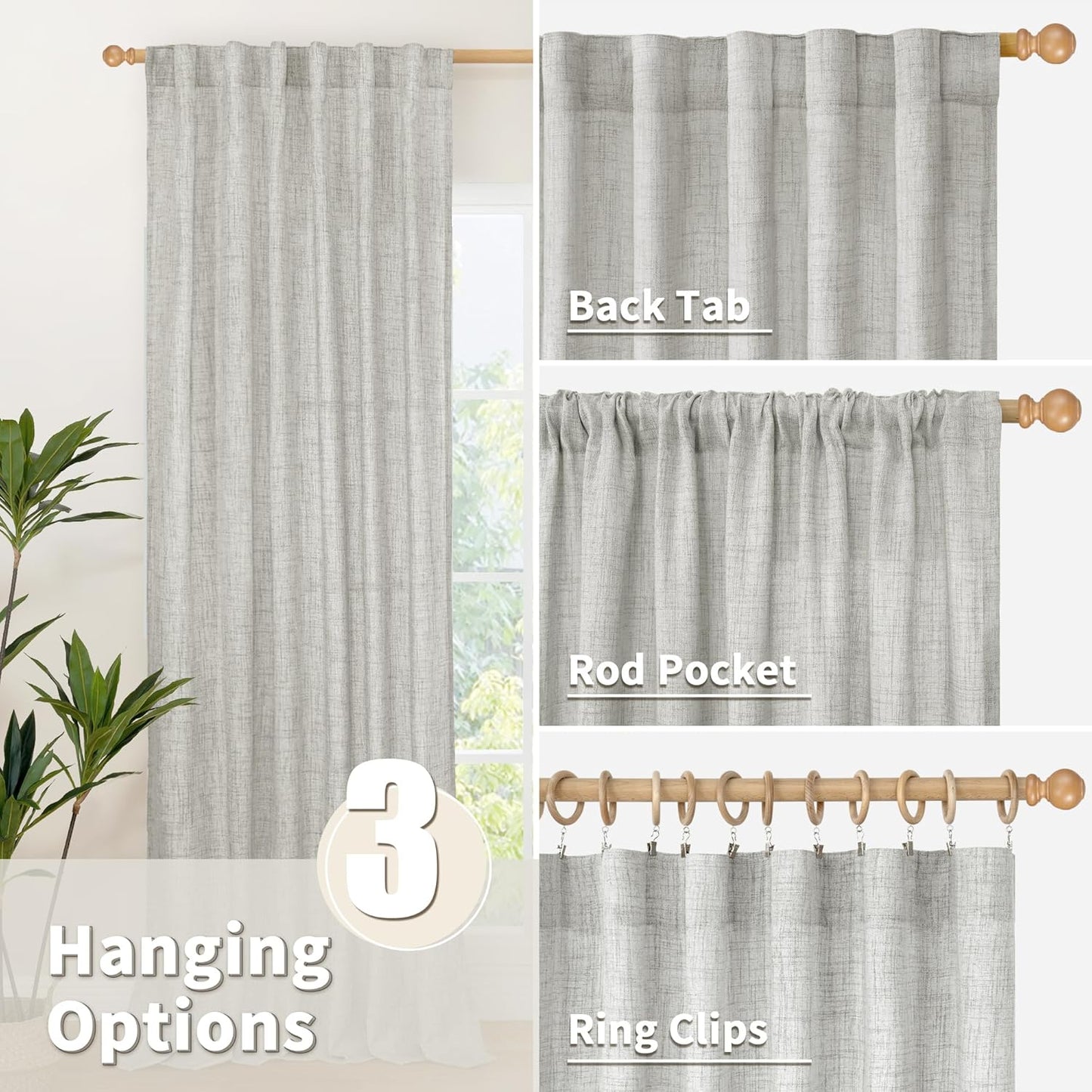 YoungsTex Light Grey Linen Curtains 90 Inch Long for Living Room Rod Pocket Floor Length Window Drapes Light Filtering for Bedroom Dining Privacy, 52 X 90 Inch, 2 Panels