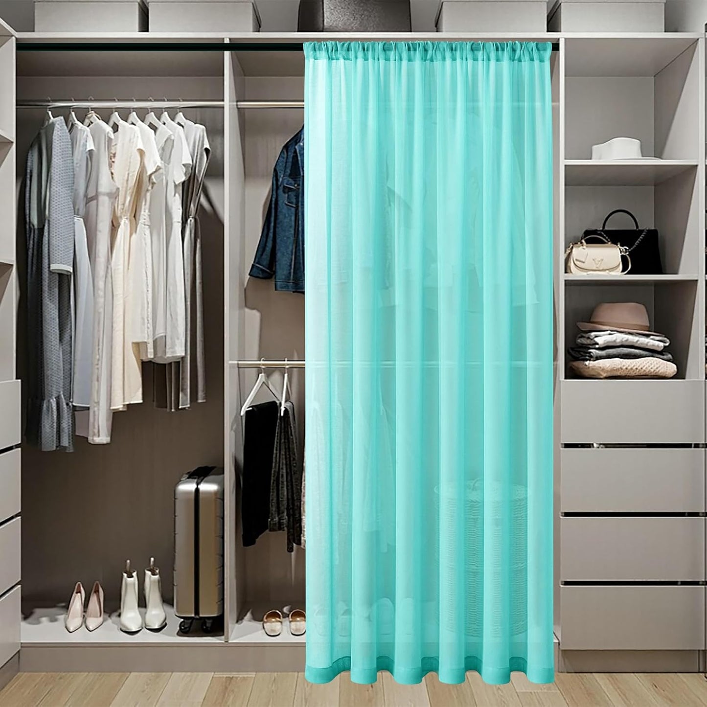 Tollpiz Sheer Door Curtain Closet Linen Textured Curtain Sheers Doorway Light Filtering Voile French Door Rod Pocket Curtains Patio Door, 25 x 80 inches Long, Aqua Blue, Set of 1 Panel