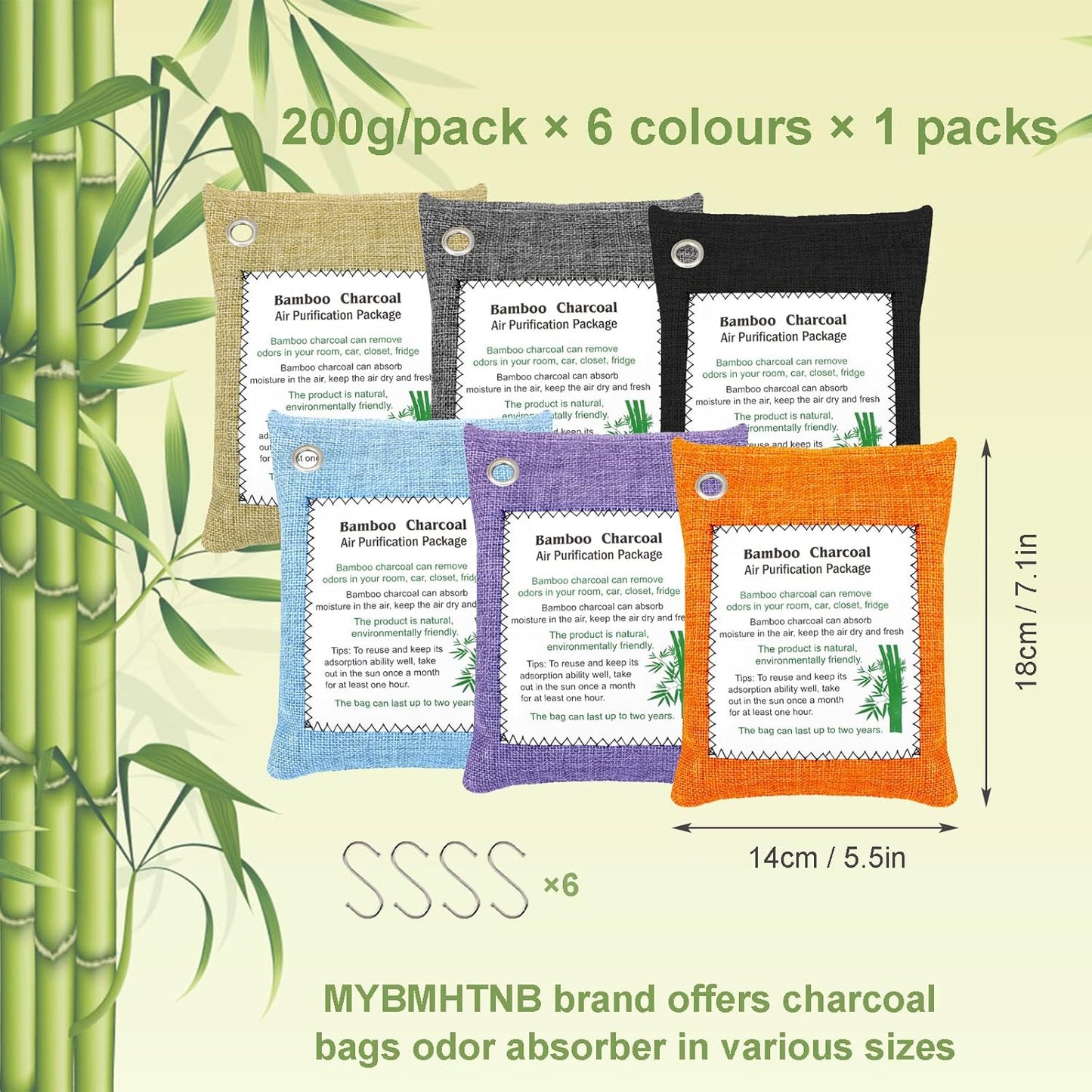 Charcoal Air Purifying Bags 6 Pack×200g Bamboo Charcoal Bags Odor Absorber, for Car Air Fresheners, Odor Eliminator for Home，Shoe Deodorizer - Colorful-Activated Charcoal Odor Absorbers