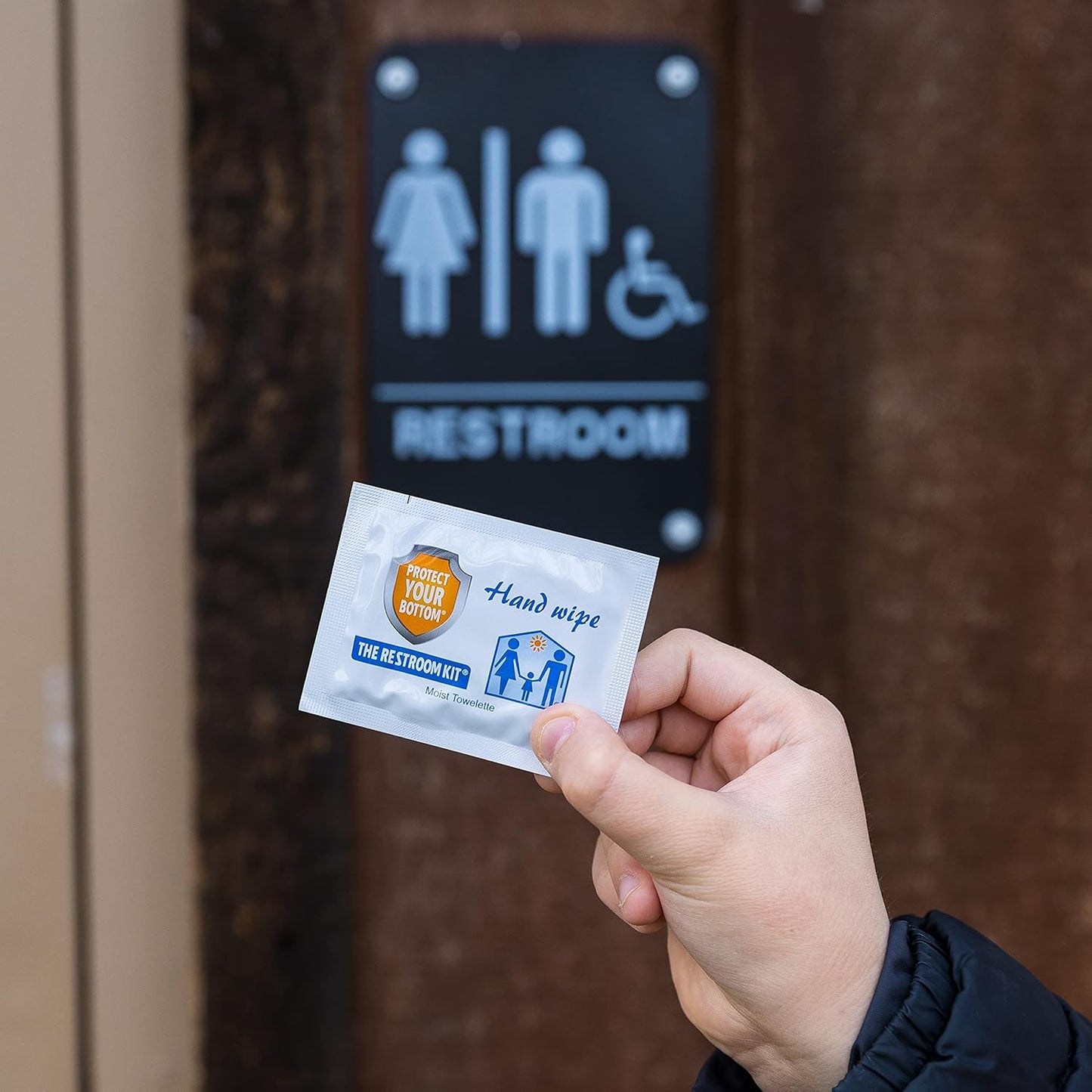 The Restroom Kit Great for travel (3-Pack) Portable Disposable Oversized Toilet Seat Cover, 3ft 3Ply Toilet Paper, Hand & Flushable Tush Wipe.