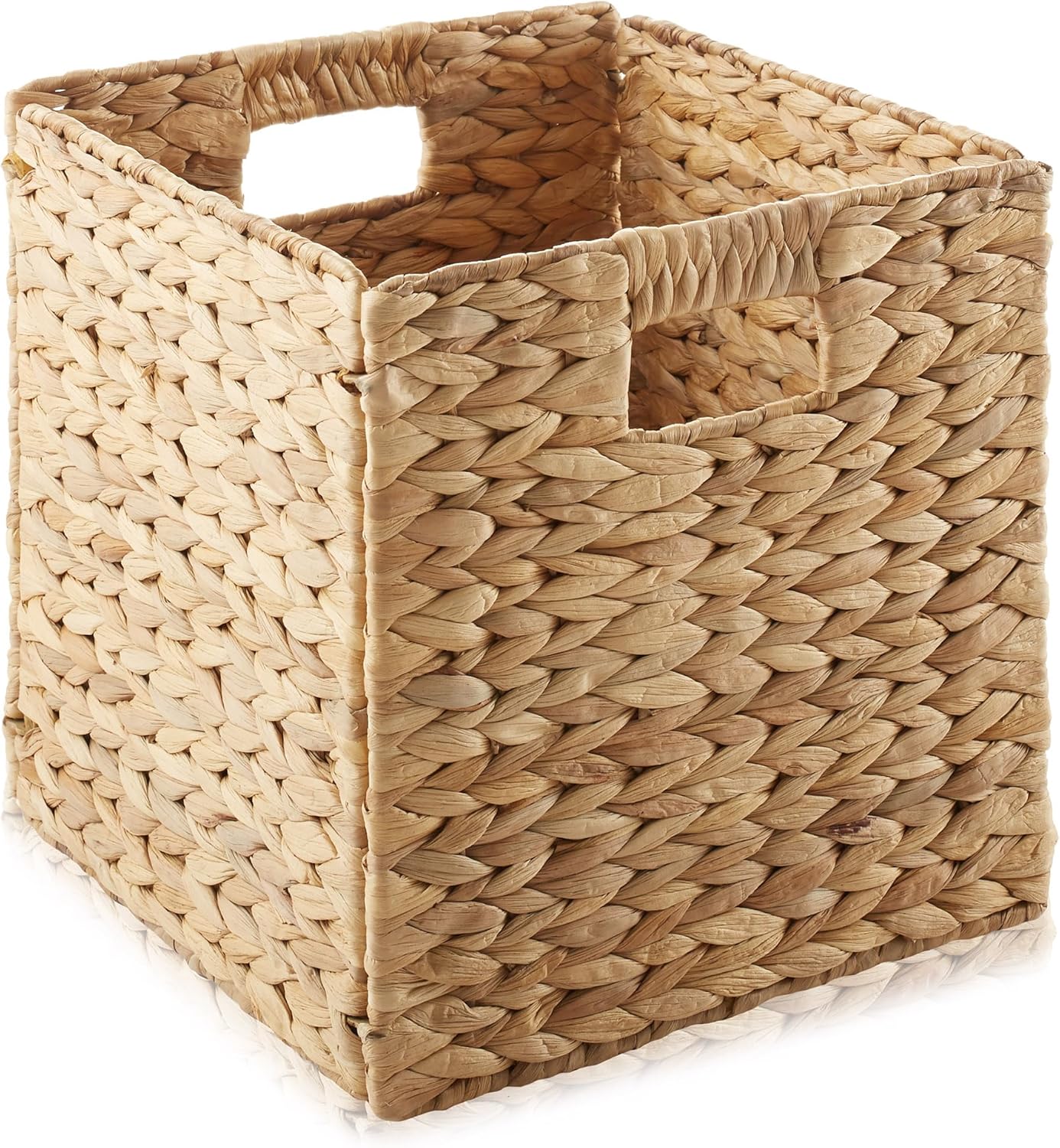 Casafield 10.5" x 10.5" Water Hyacinth Storage Baskets, Natural - Set of 4 Collapsible Cube Organizers, Woven Bins for Bathroom, Bedroom, Laundry, Pantry, Shelves