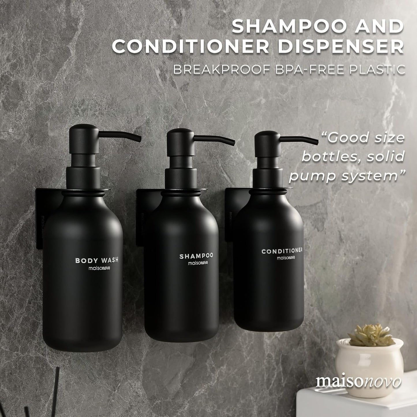 MaisoNovo Shampoo and Conditioner Dispenser - Shower Soap Dispenser Wall Mounted - 16.9 fl oz Set of 3 Black Plastic Bottles Black Pump - Shampoo Dispenser, Shower Dispenser