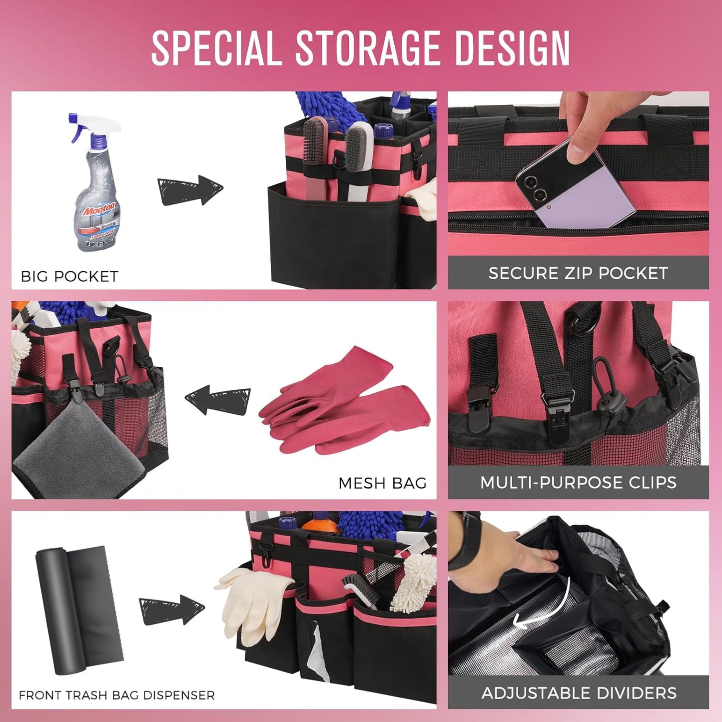 Wearable Cleaning Caddy, Cleaning Caddy Supplies Organizer with Handle & Shoulder Straps for Housekeepers, Under Sink & Car Cleaning Tool Organizers Bag with 4 Foldable Divider (OleanderRed)