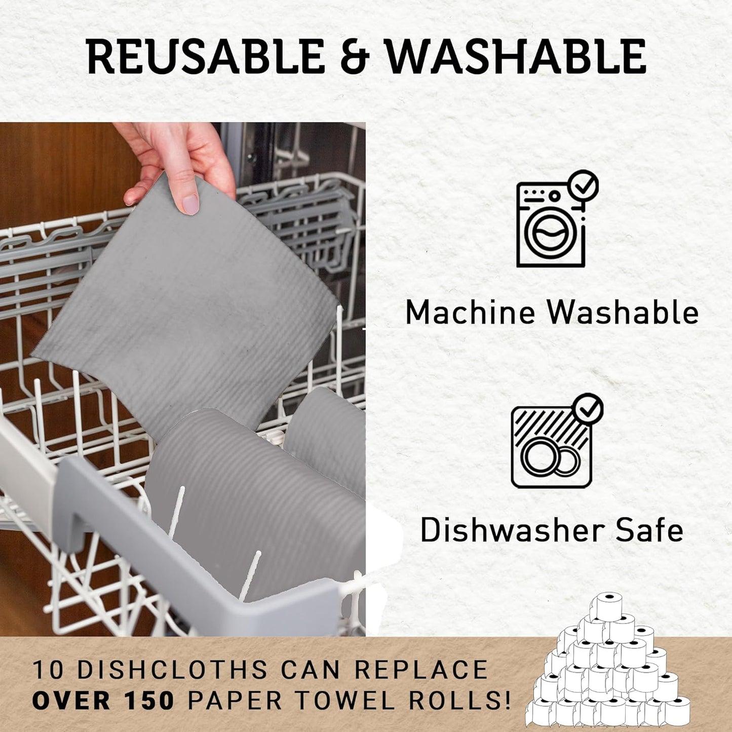 Nordhus Design Swedish Dishcloths, Grey 10-Pack, Reusable, Washable Cellulose Cotton Kitchen Cloths - Replace Paper Towels, Wipes, Sponges, Dish Rags