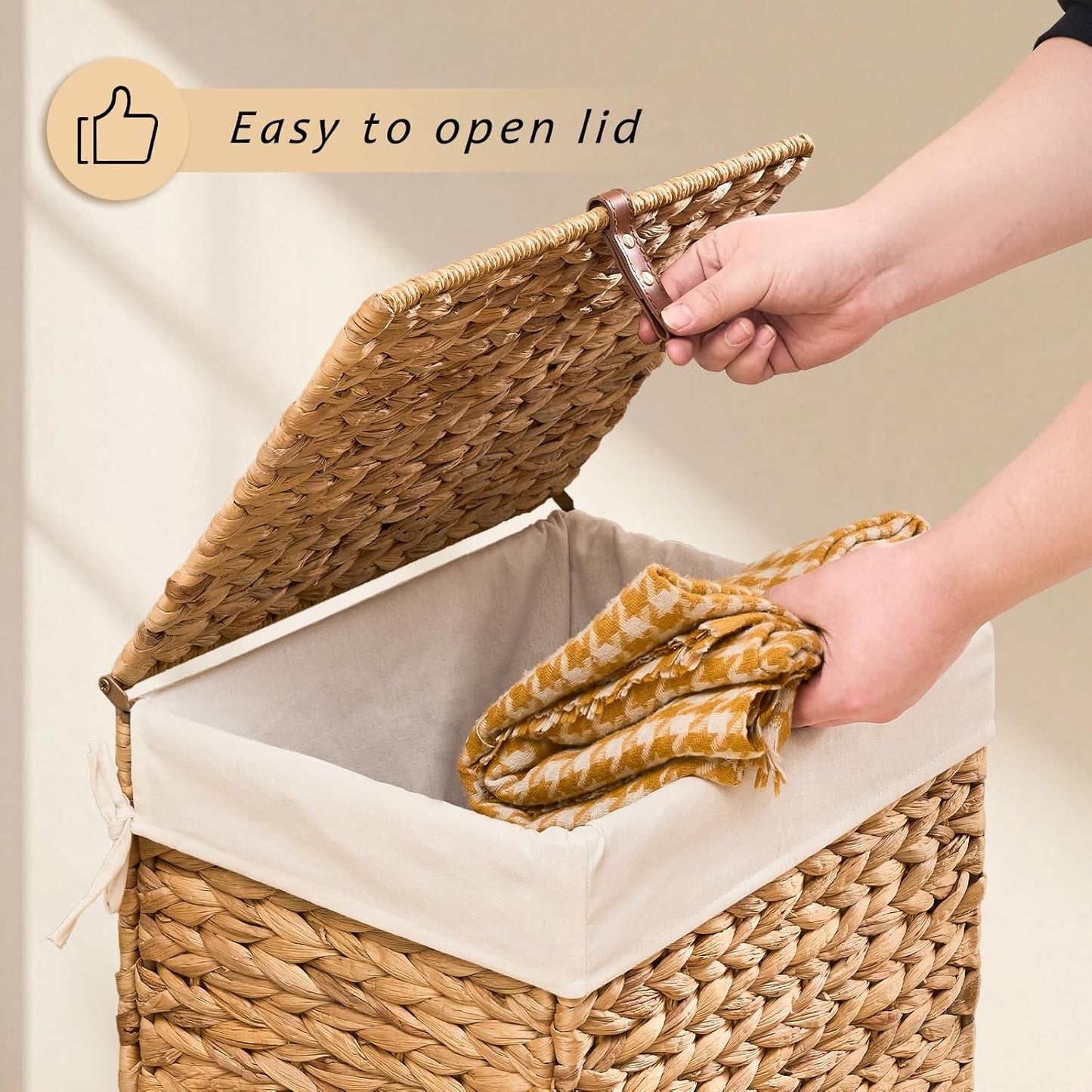 Handwoven Laundry Basket with Lid, Natural Water Hyacinth Storage Basket with Handle, Removable Cotton Liner, Durable and Stylish for Bedroom, Bathroom, Laundry Room
