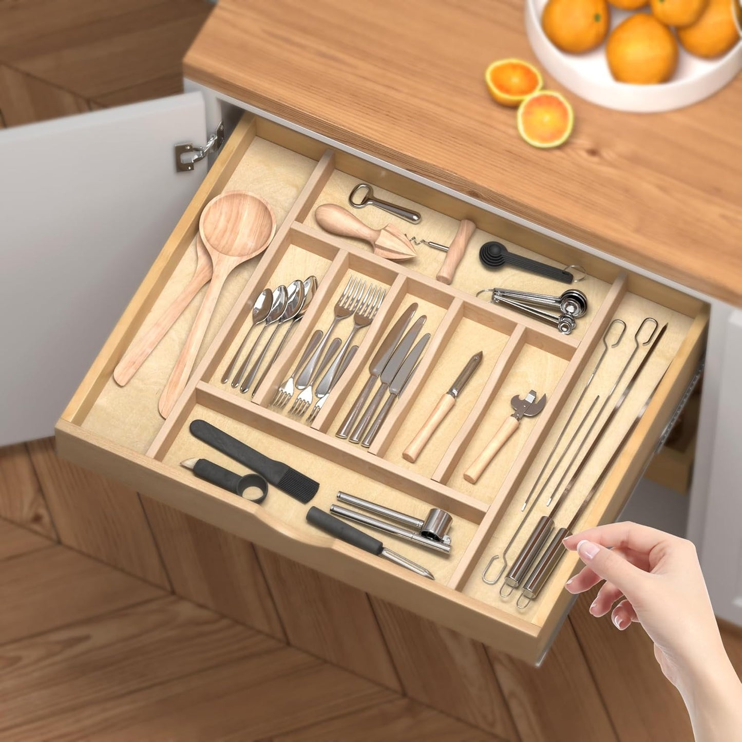 WelFurGeer Premium Wooden Silverware Organizer for Kitchen Drawers, Utensil Tray for Kitchen Drawer, Cutlery Drawer Organizer for Forks, Spoons, Knives - Sturdy Birchwood, Natural Finish