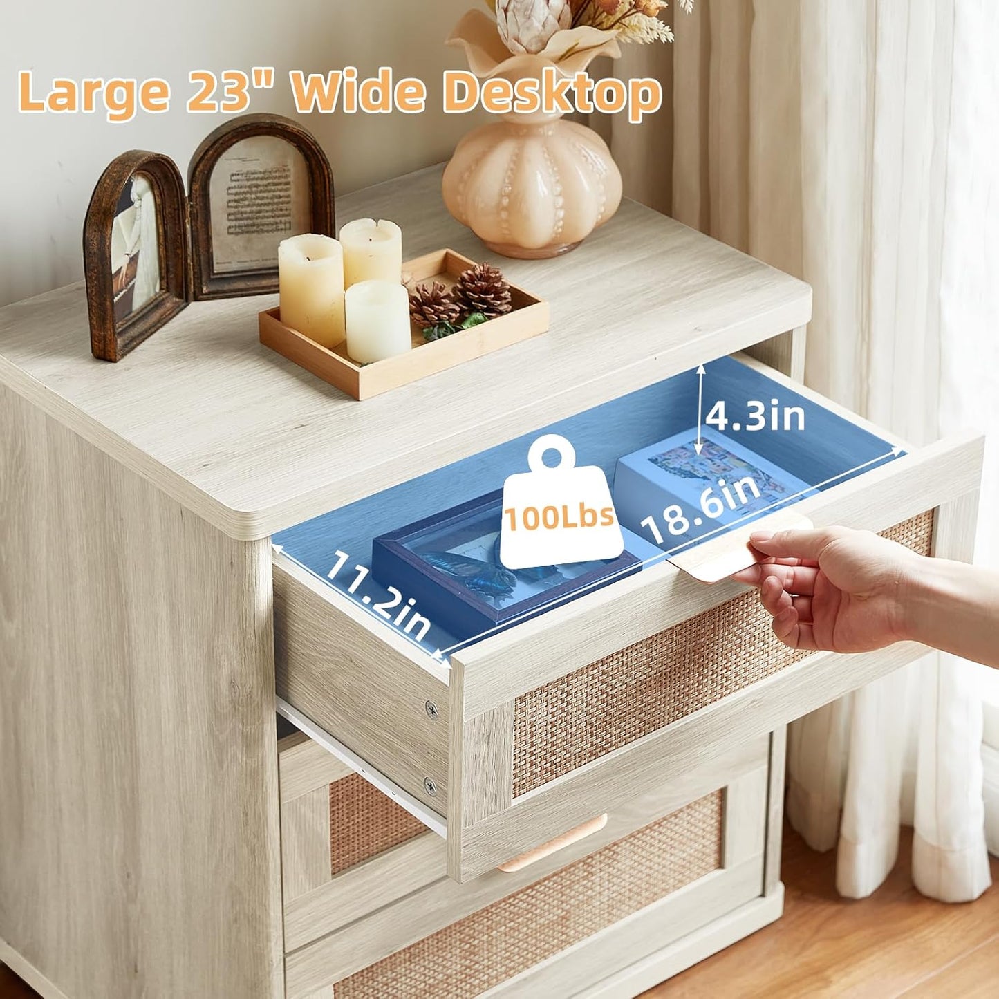 LEYAOYAO Rattan Night Stand with Drawers, 23" Large 3 Drawer Boho Nightstand, Grey White Bedside Table Storage Cabinet, Bed Side End Tables Dresser for Bedroom, Living Room, Hallway, Closet