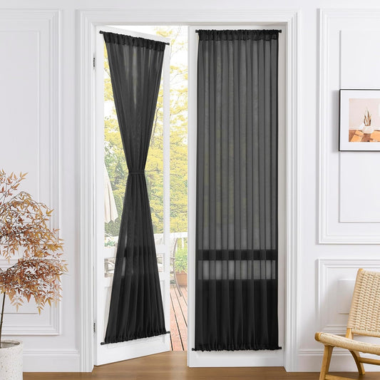 Tollpiz Sheer Door Curtains Closet Linen Textured Curtain Sheers Doorway Light Filtering Voile Patio Glass Door Rod Pocket Curtains French Door, 54 x 80 inches Long, Black, Set of 1 Panel
