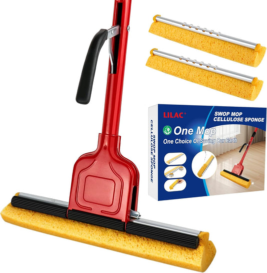 Compressed Cellulose Sponge Mop with 2 Roller swop mop Heads Suitable for Wood, Ceramic Tiles and Other Flat and Smooth Floors (1 Handle and 2 Heads)