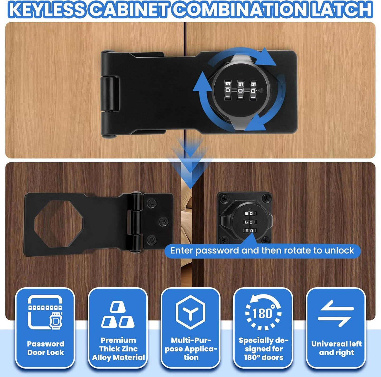 Keyless Cabinet Lock with Combination Code - 3-Digit Password Hasp Latch Lock for Drawers, Bifold Closet Door and Double Sided Door (Black, 4.5 Inch)