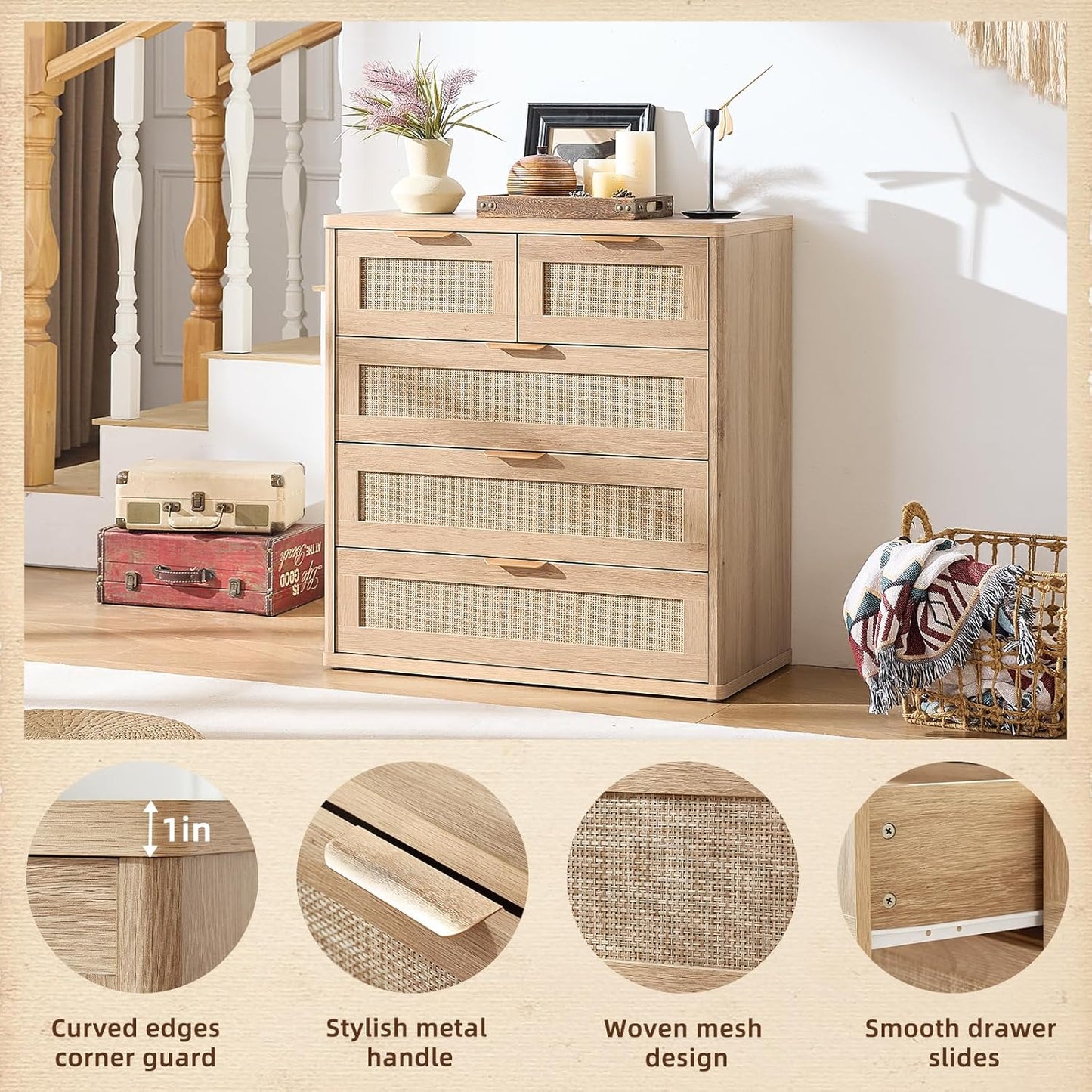 LEYAOYAO Rattan Dresser for Bedroom Set of 2, 33.5" Tall Chest of Drawers, Modern 5 Drawers Boho Dressers with Storage, Light Oak Dresser Wooden Closet Organizer for Living Room, Hallway, Natural Wood
