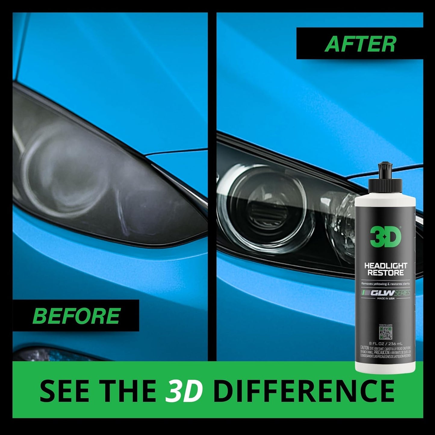 3D GLW Series Headlight Restore – 2-Step Kit Removes Oxidation, Scratches & Yellowing | UV Protection for Clear Headlights & Safer Driving | Made in USA - 8 oz