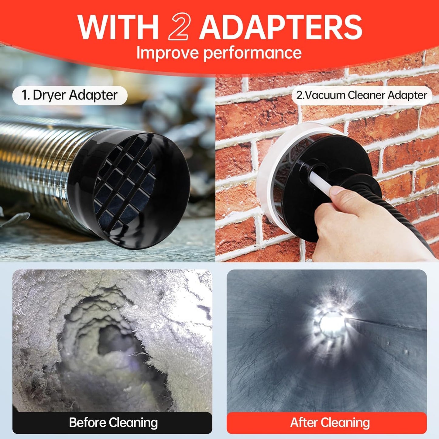 Dryer Vent Cleaner Kit, Bluesea 33-Piece Omnidirectional Dryer Cleaning Kit Include 50 Feet Dryer Vent Brush, Upgrade Noiseless Dryer Lint Vacuum Attachment, Lint Trap Brush, Vacuum & Dryer Adapters