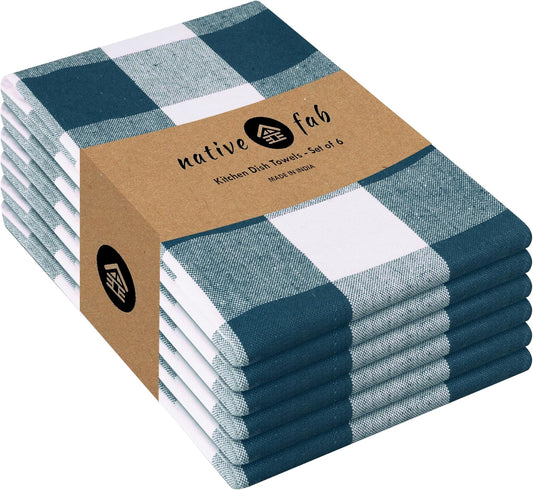 Native Fab 6-Pack Kitchen Towel with Hanging Loop 16x26 inches, Cotton Buffalo Check Kitchen Towels for Cleaning Drying, Washcloths Soft & Absorbent Cloth Rags, Bar Towel, Dish Cloth, Teal Green