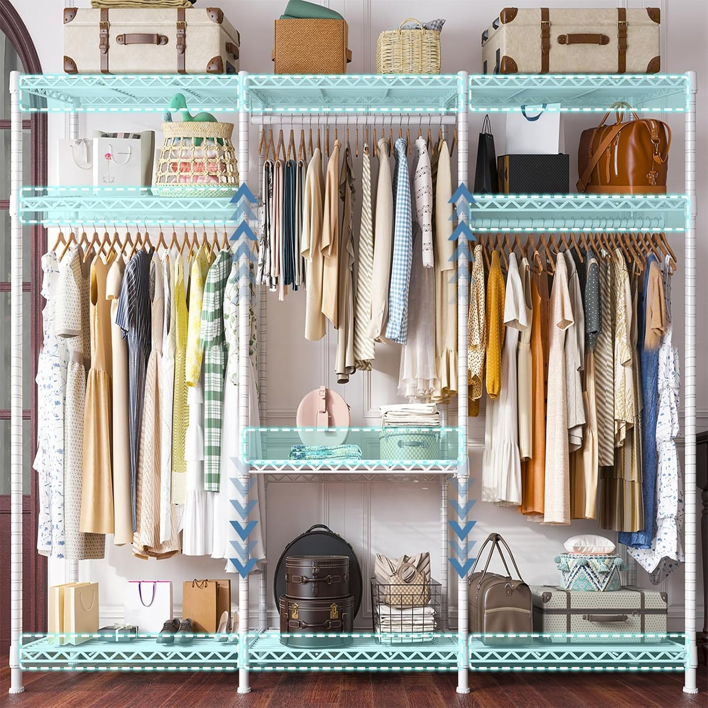 Raybee Clothes Rack Heavy Duty Load 795LBS Adjustable Clothing Racks for Hanging Clothes Garment Rack, 56" W X16 D X 75.5" H White