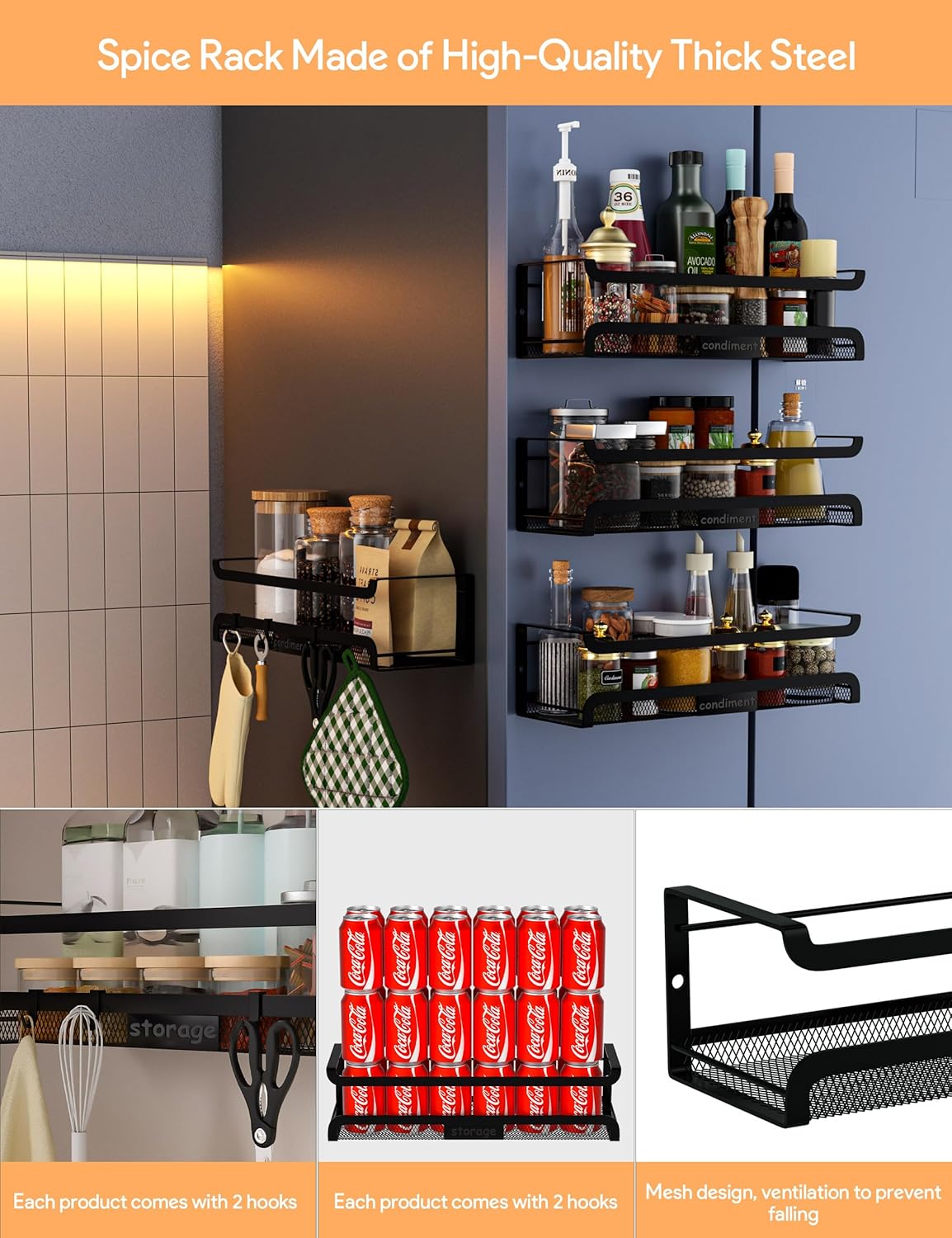 Spice Rack Wall Mount with Hooks - Spice Racks Organizer for Cabinet Storage, Wall Mounted Hanging Shelf Seasoning Organizer, for Kitchen, Pantry Door, Bathroom (Black, 2 Pack)