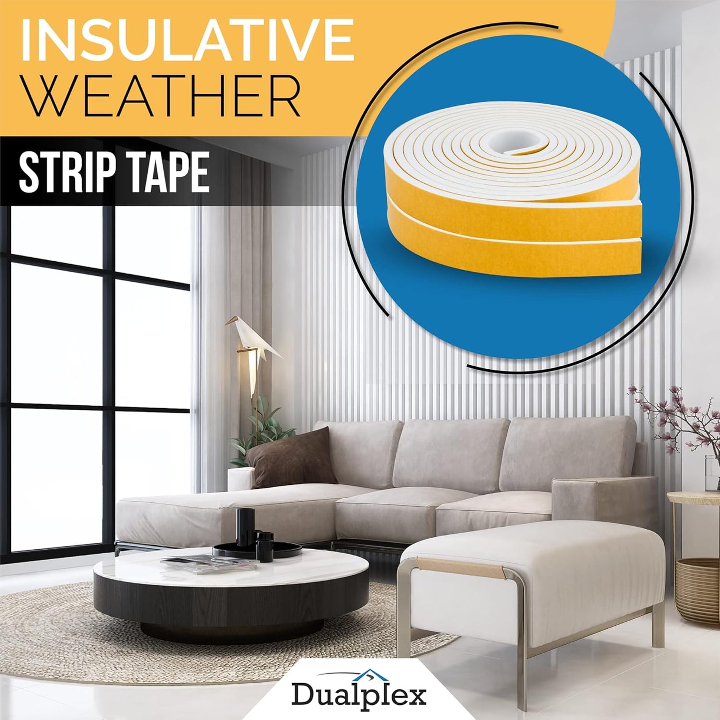 High Density Foam Weather Stripping Door Seal Strip Insulation Tape Roll for Insulating Door Frame, Window, Air Conditioner | Self Adhesive Sealing Weatherstrip (White, 1/2 in x 1/8 in x 50)
