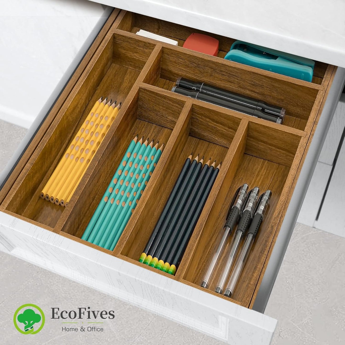 Luxury Acacia Kitchen Drawer Organizer - Silverware Organizer - Utensil Holder and Cutlery Tray with Grooved Drawer Dividers for Flatware and Kitchen Utensils (8 Slot), 17*12.4*2 inch