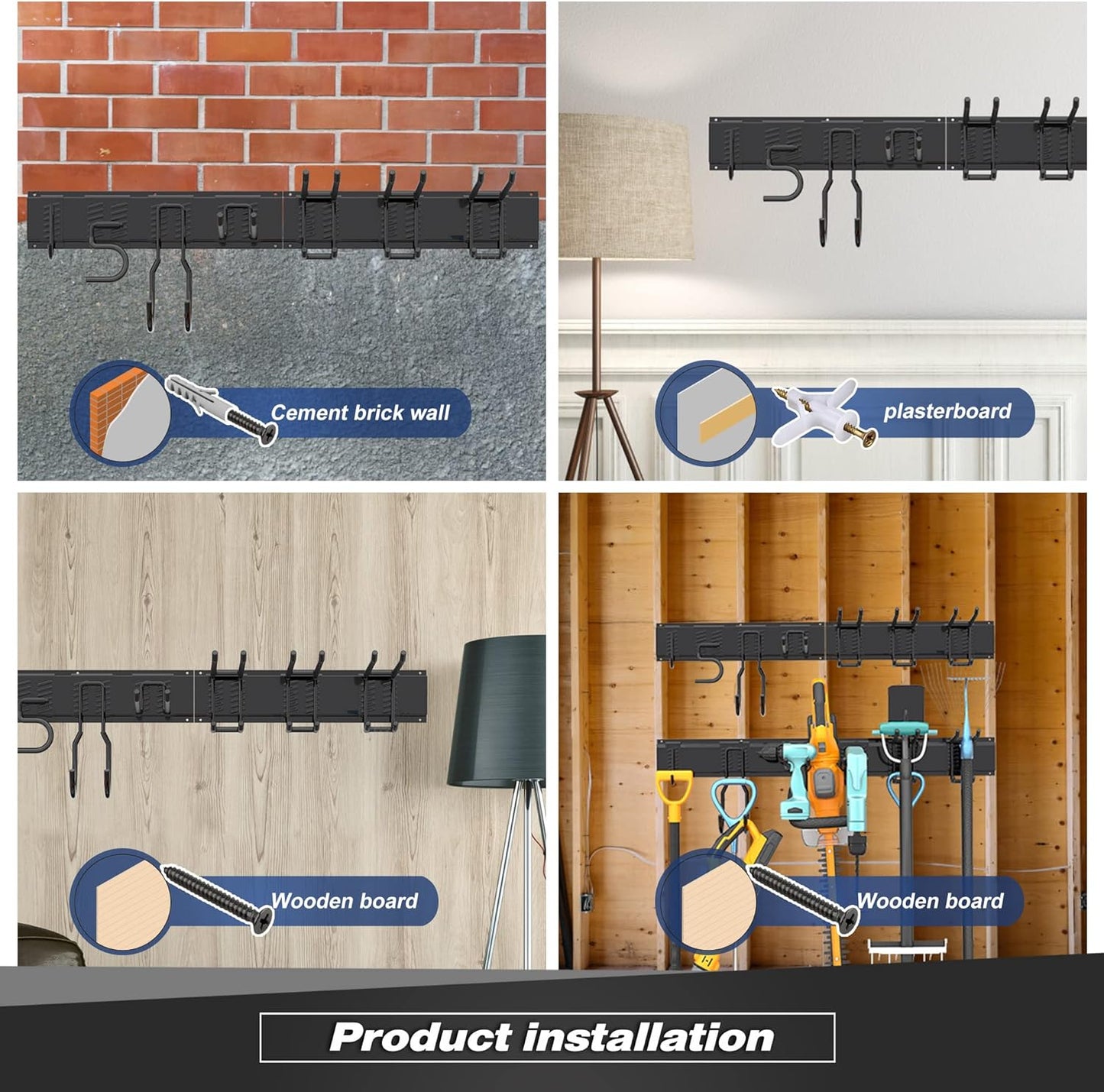Garage Tool Storage Rack, Heavy Duty Garage Storage Organizer Rack System Wall Mounted Tool with 12 double hooks, 4 rails Garden Tool Rack