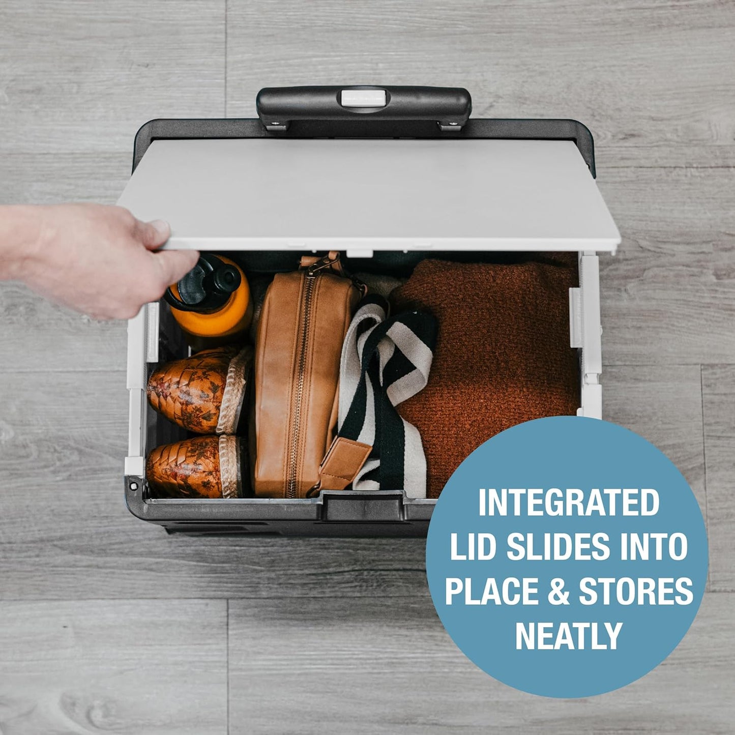 CleverMade Collapsible Wheeled Crate with Lid, 2-Wheels – Stable Rolling Crate with Handle and Large Wheels for Fragile Items, Heavy Loads and Easy Storage - 35L and 75lb Capacity, Black/Cream