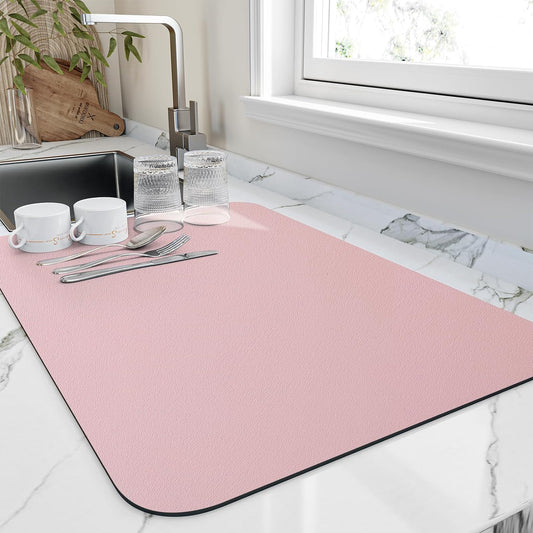 Dish Drying Mat for Kitchen Counter, Heat Resistant Drainer Mats with Non-slip Rubber Backed, Hide Stain Kitchen Super Absorbent Draining Mat, Easy to Clean Dish Rack Pad, Pink 18"x32"